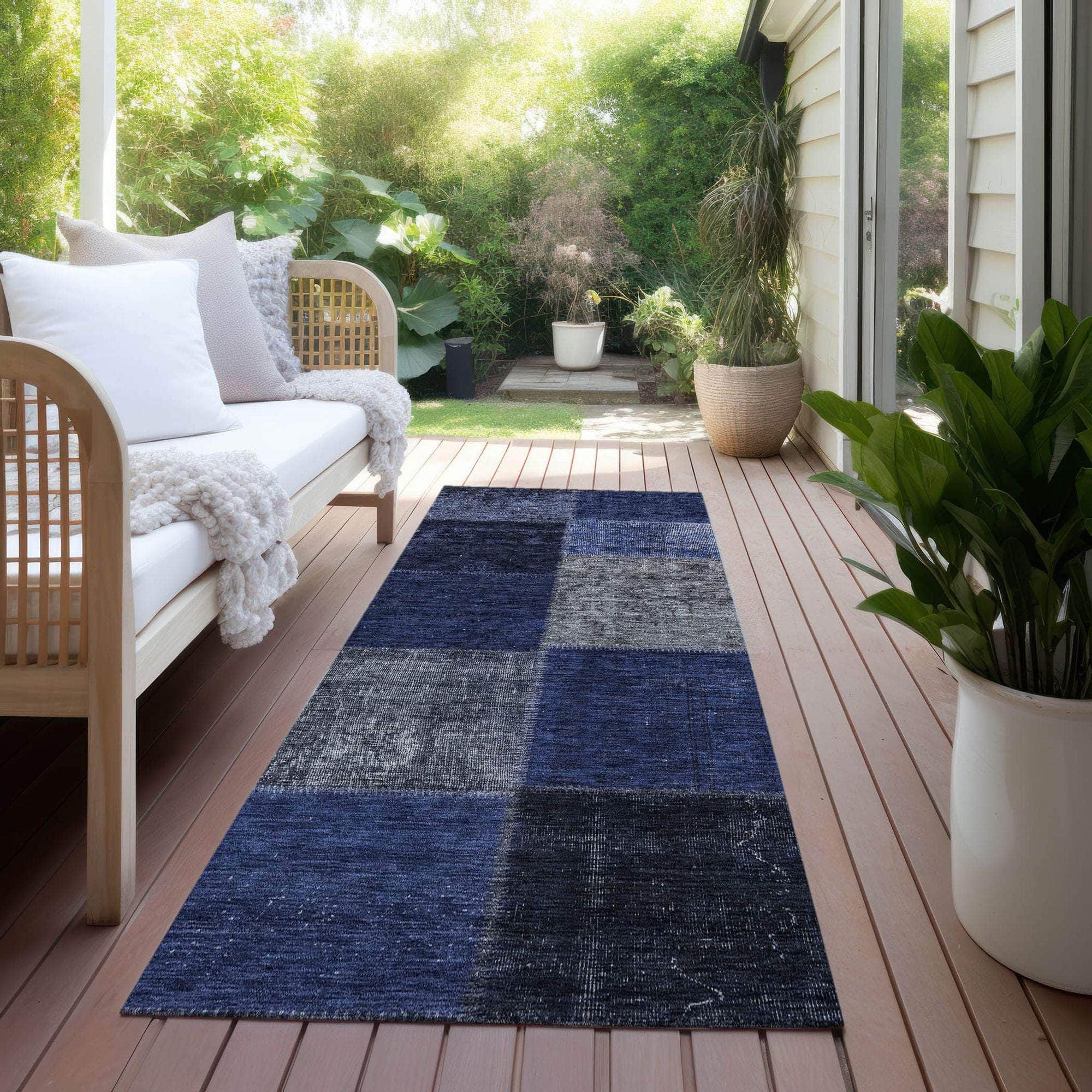 Machine Washable Navy Blue Rug - Indoor / Outdoor - Kids / Pet Friendly Patchwork Print Rug