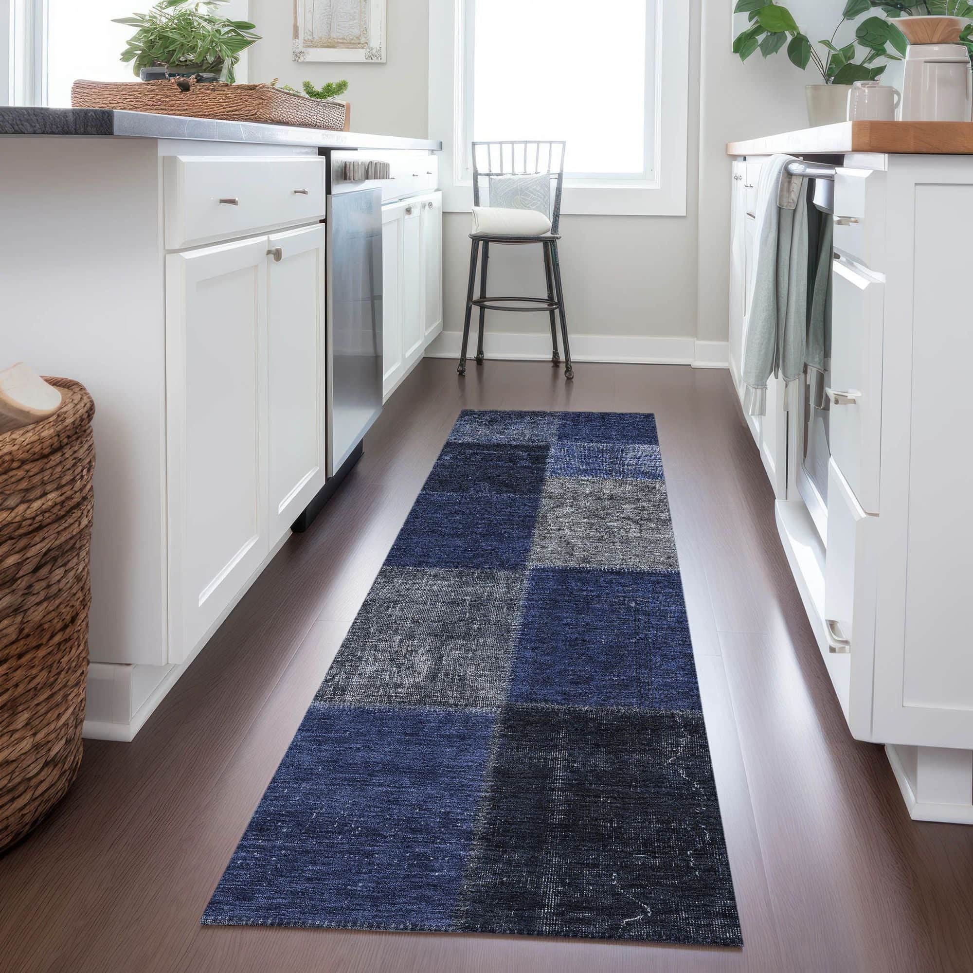 Machine Washable Navy Blue Rug - Indoor / Outdoor - Kids / Pet Friendly Patchwork Print Rug
