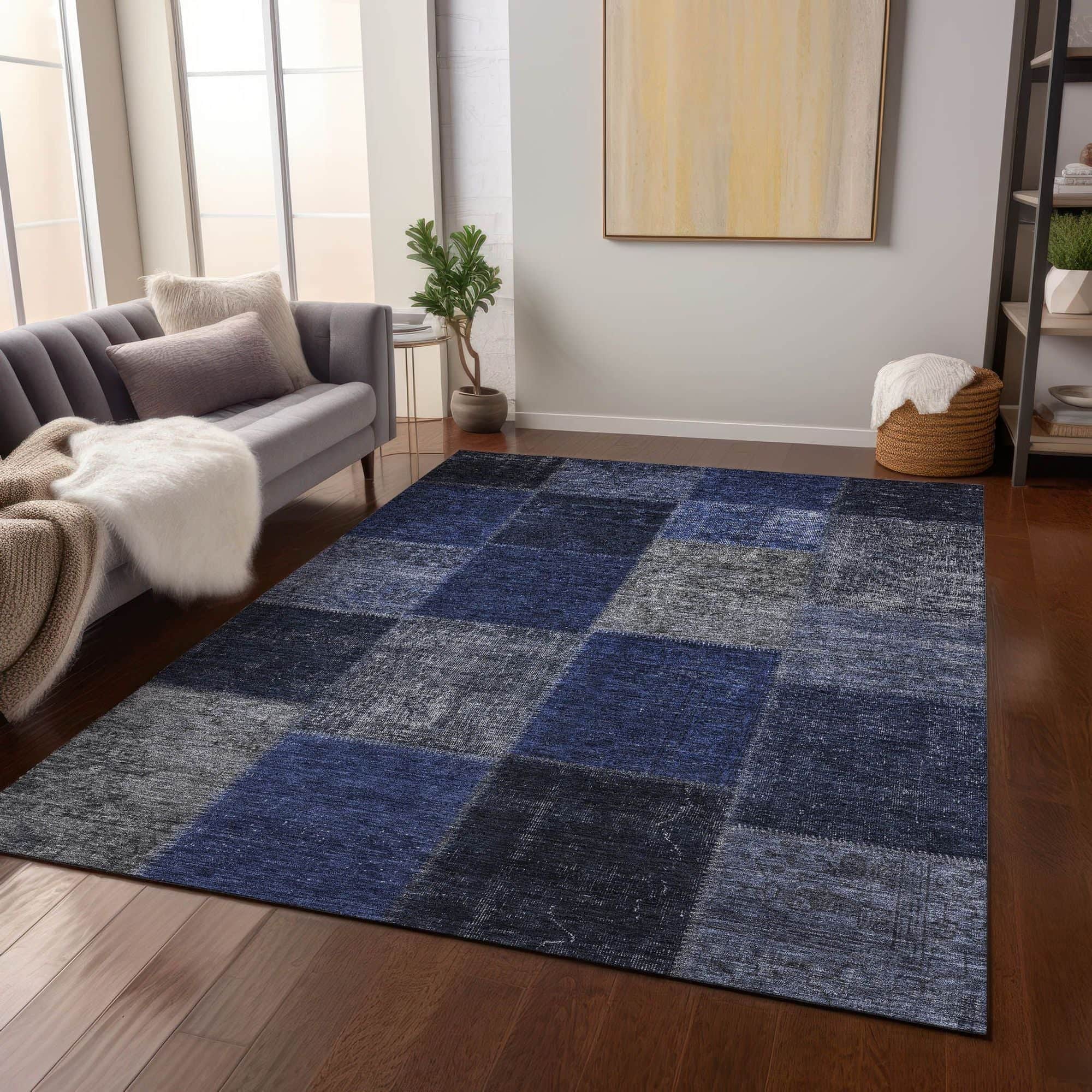 Machine Washable Navy Blue Rug - Indoor / Outdoor - Kids / Pet Friendly Patchwork Print Rug