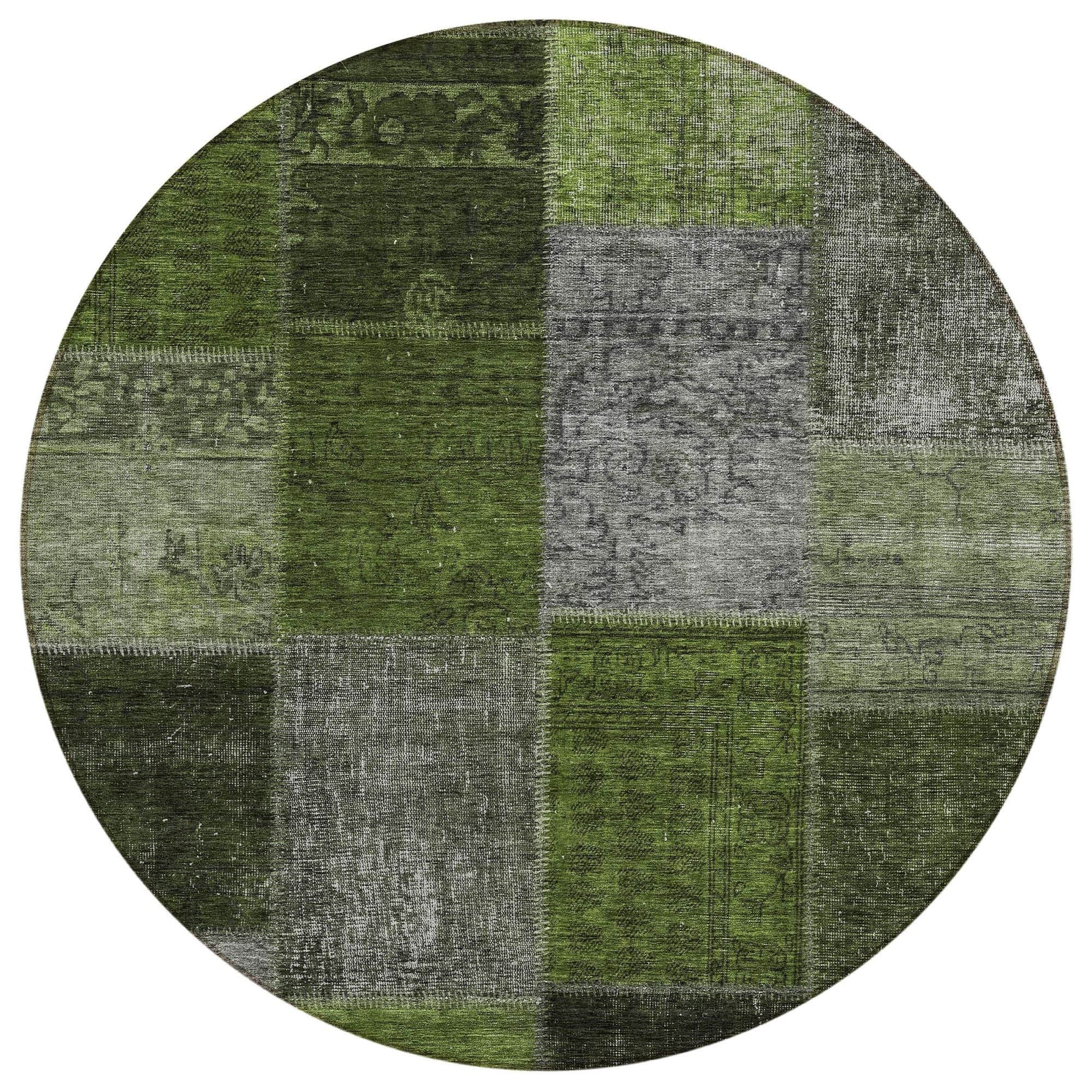 Machine Washable Olive Green Rug - Indoor / Outdoor - Kids / Pet Friendly Patchwork Print Rug