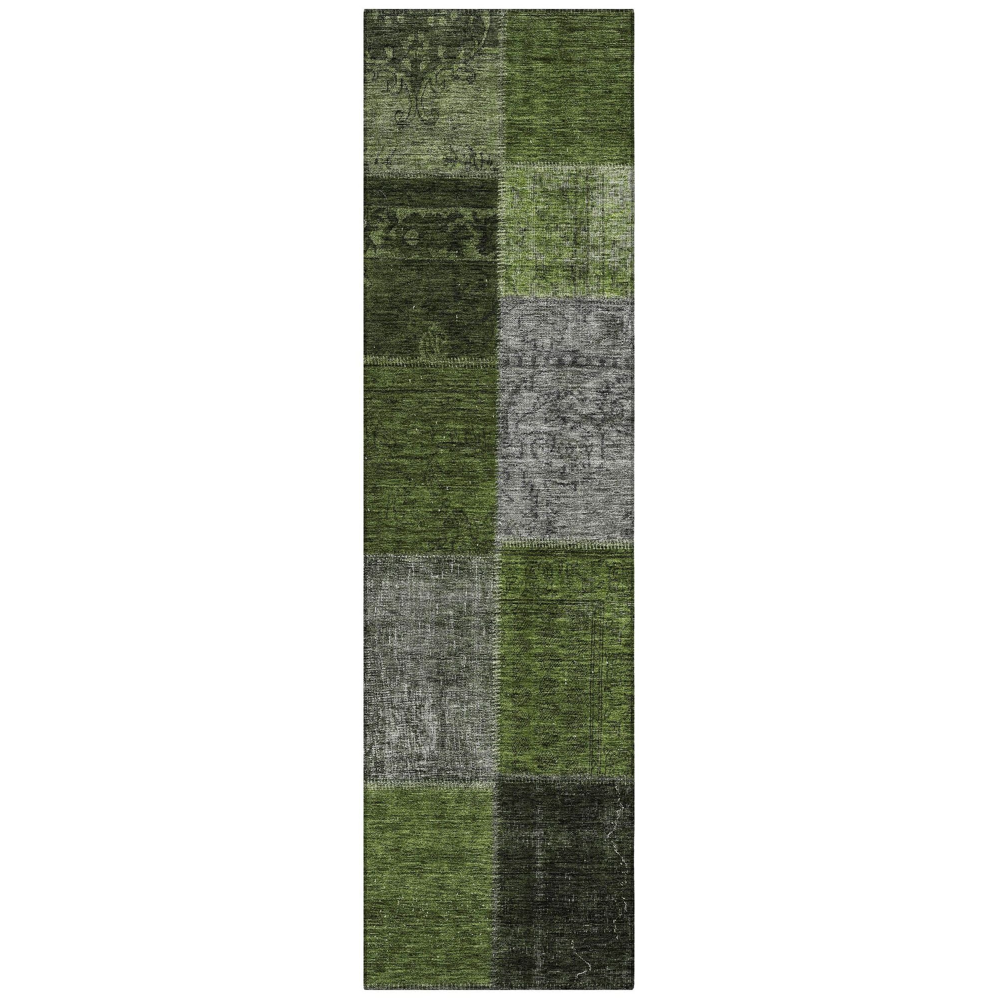 Machine Washable Olive Green Rug - Indoor / Outdoor - Kids / Pet Friendly Patchwork Print Rug