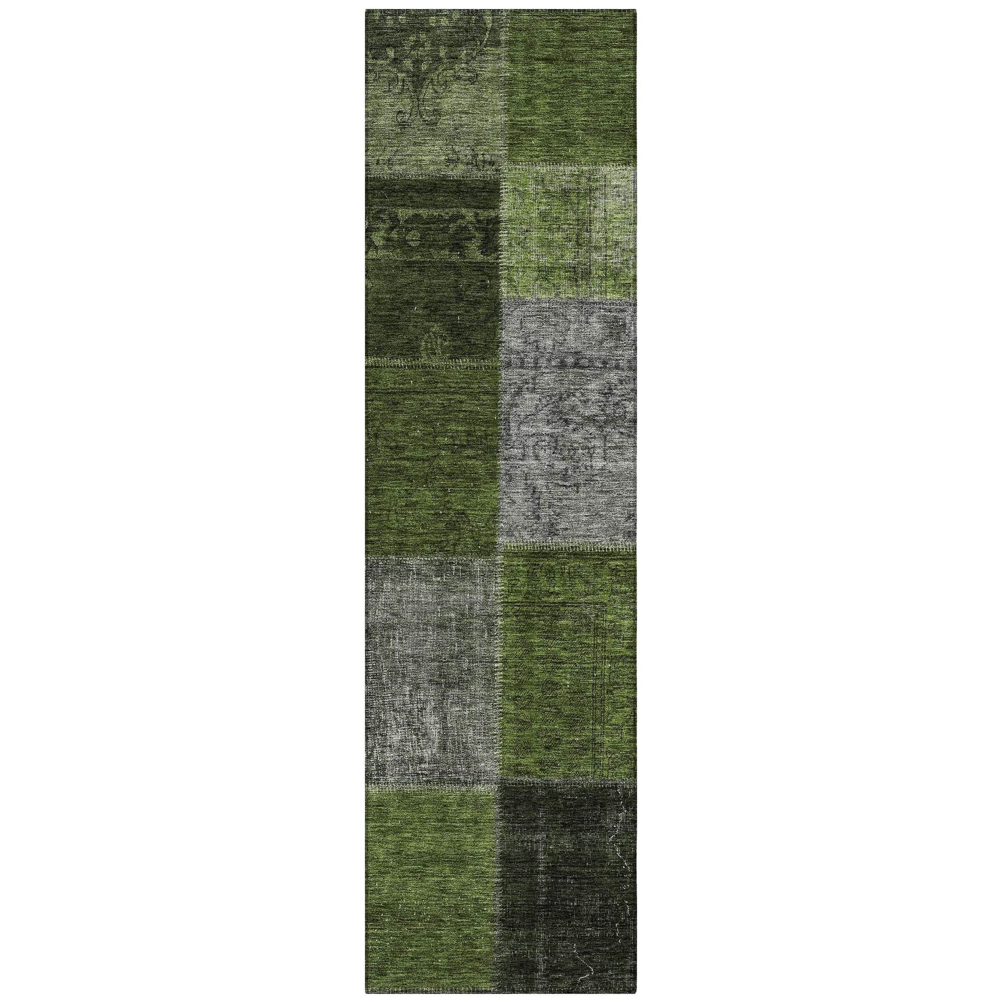 Machine Washable Olive Green Rug - Indoor / Outdoor - Kids / Pet Friendly Patchwork Print Rug