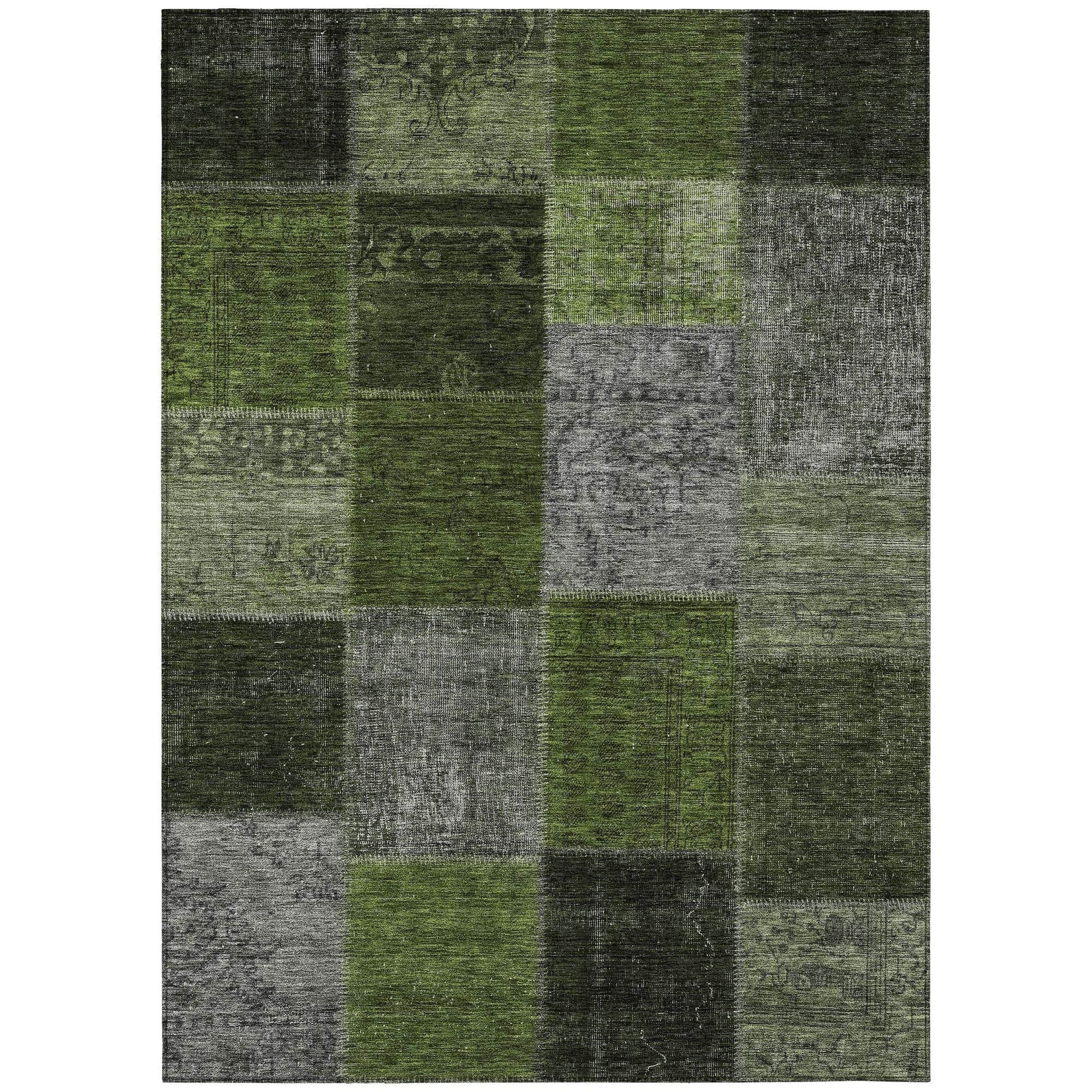 Machine Washable Olive Green Rug - Indoor / Outdoor - Kids / Pet Friendly Patchwork Print Rug