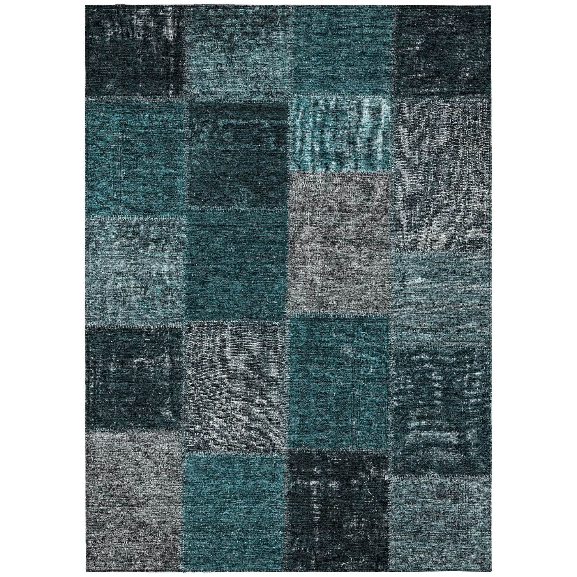 Machine Washable Teal Rug - Indoor / Outdoor - Kids / Pet Friendly Patchwork Print Rug