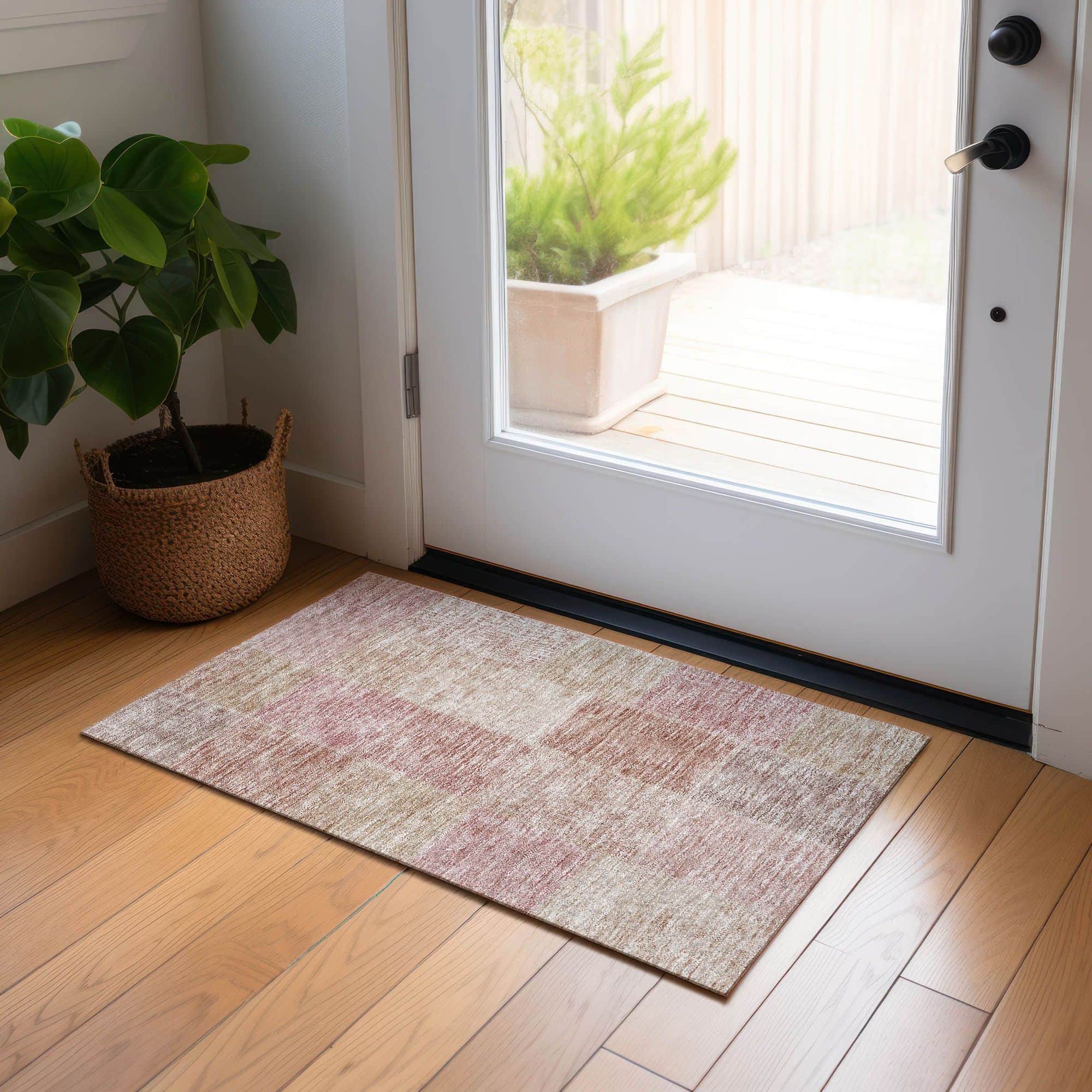 Machine Washable Blush Pink Rug - Indoor / Outdoor - Kids / Pet Friendly Patchwork Print Rug