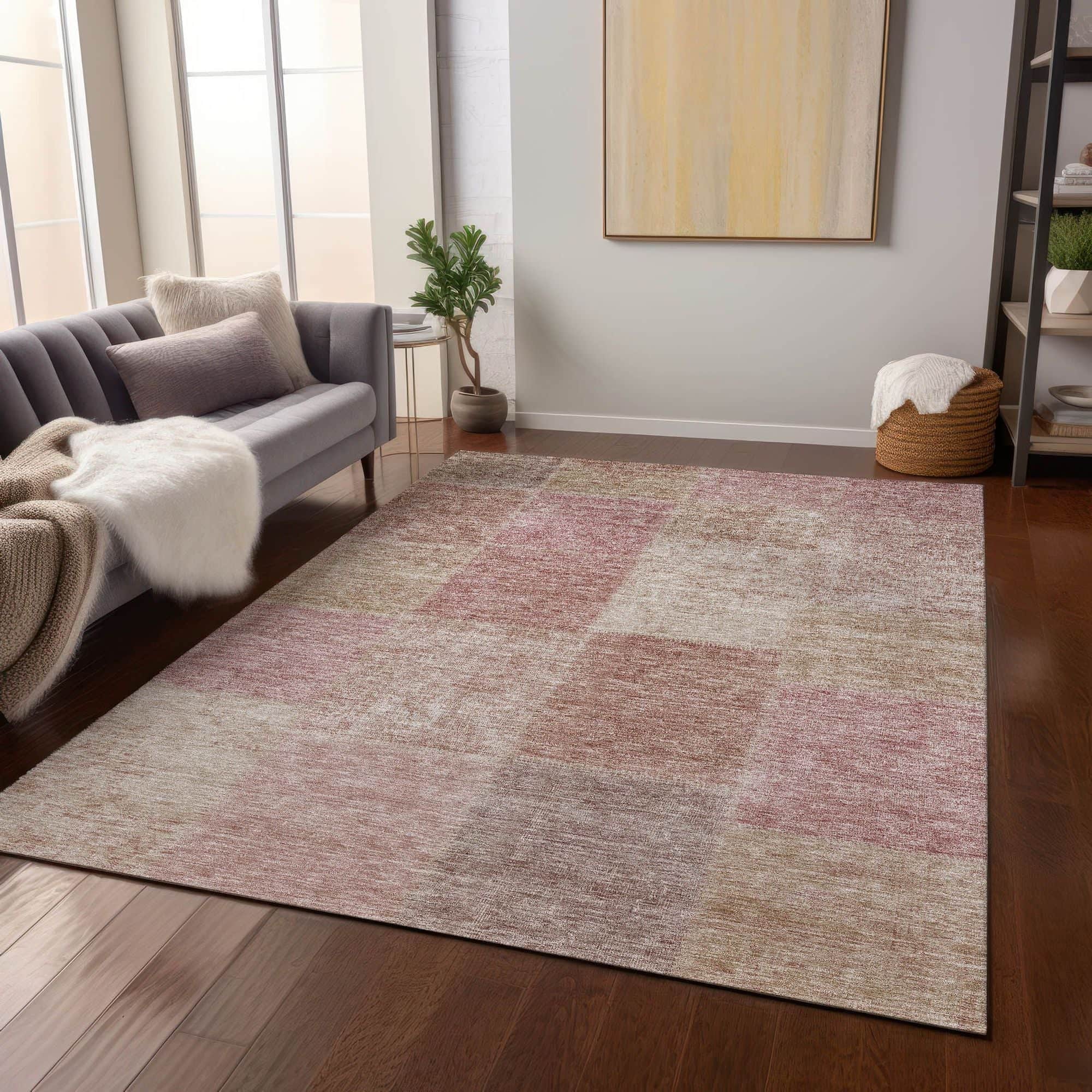 Machine Washable Blush Pink Rug - Indoor / Outdoor - Kids / Pet Friendly Patchwork Print Rug