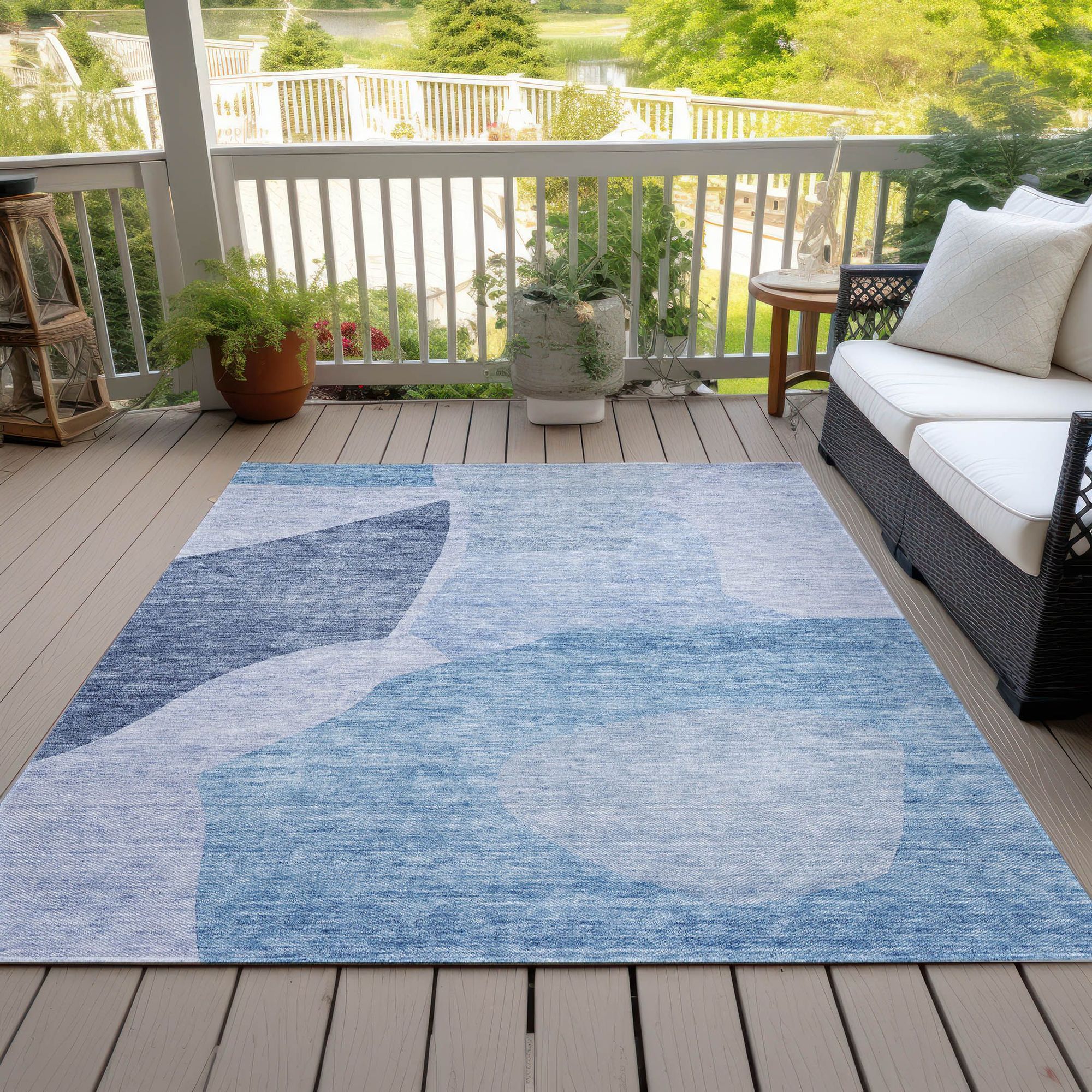 Machine Washable Denim Blue Rug - Indoor / Outdoor - Kids / Pet Friendly Abstract Print Rug
