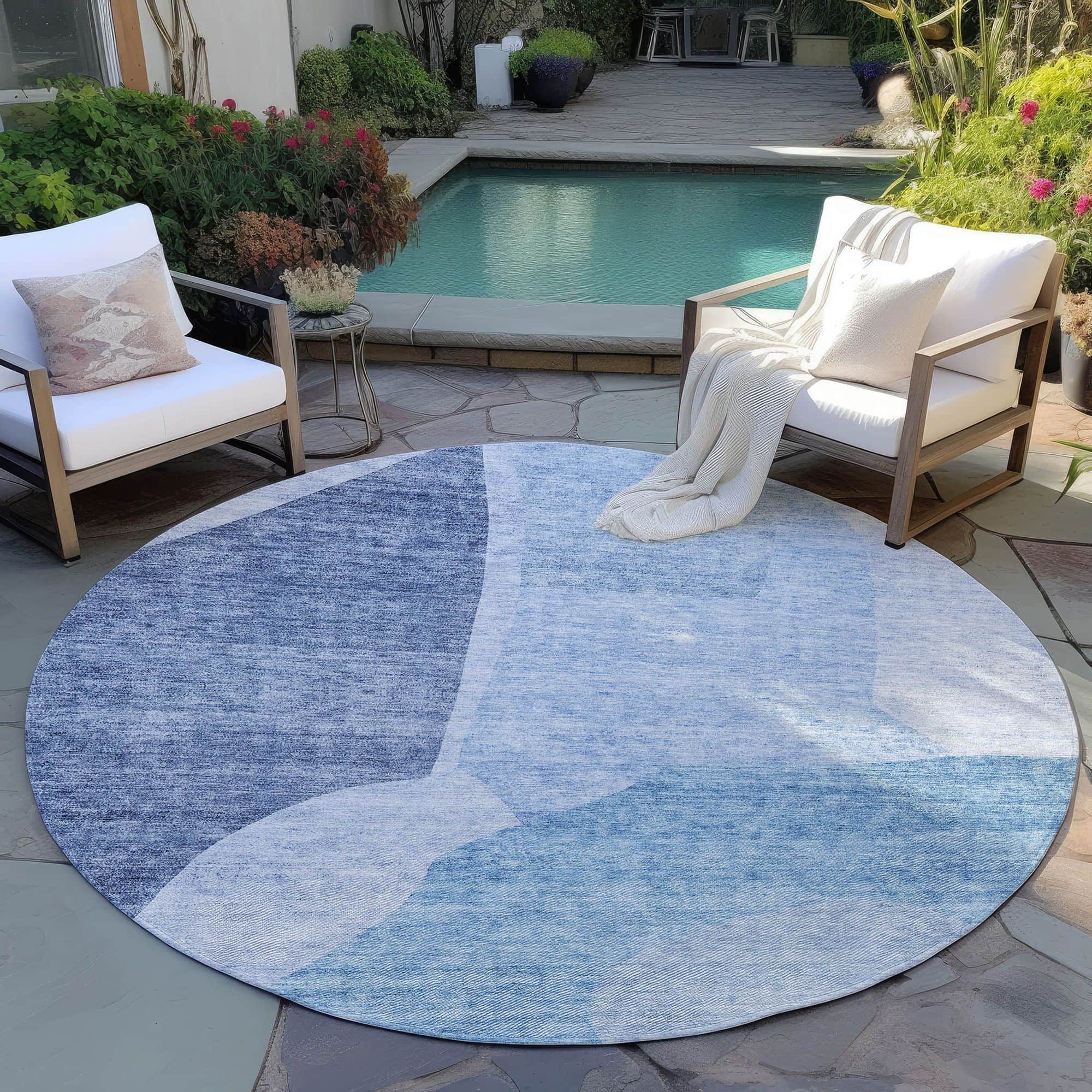 Machine Washable Denim Blue Rug - Indoor / Outdoor - Kids / Pet Friendly Abstract Print Rug