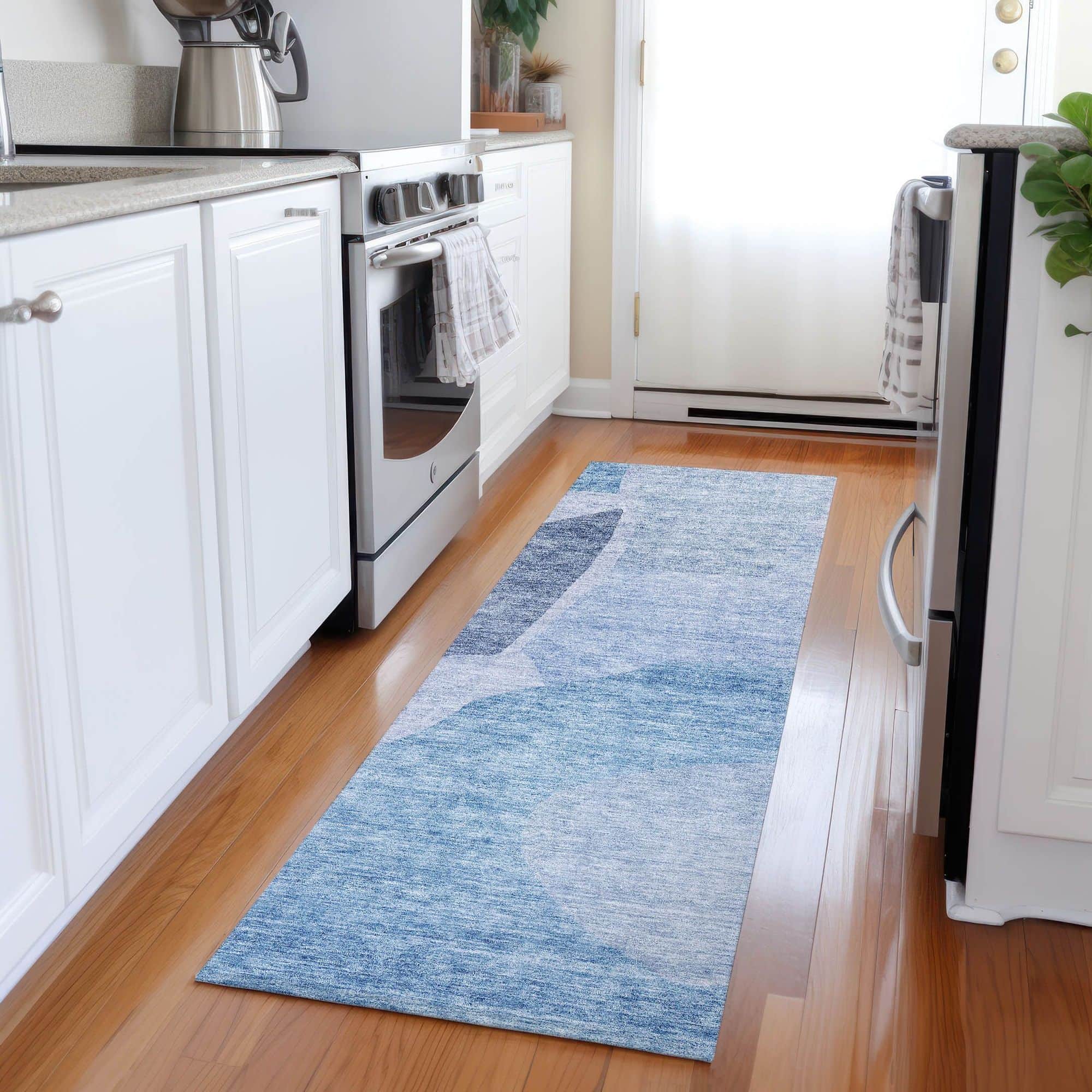 Machine Washable Denim Blue Rug - Indoor / Outdoor - Kids / Pet Friendly Abstract Print Rug