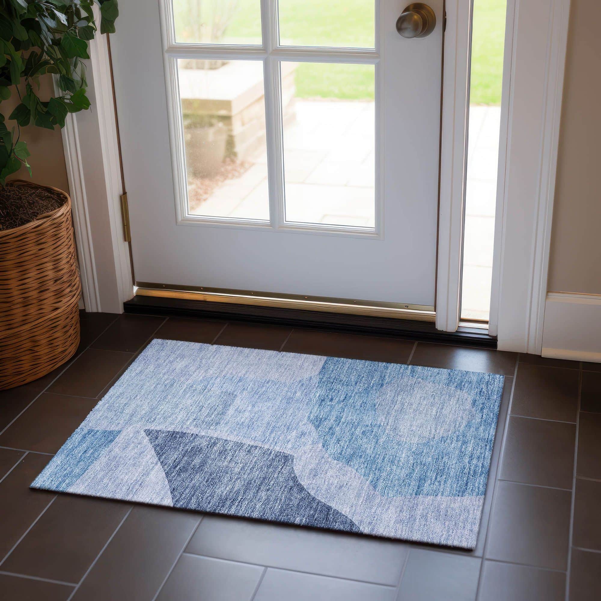 Machine Washable Denim Blue Rug - Indoor / Outdoor - Kids / Pet Friendly Abstract Print Rug