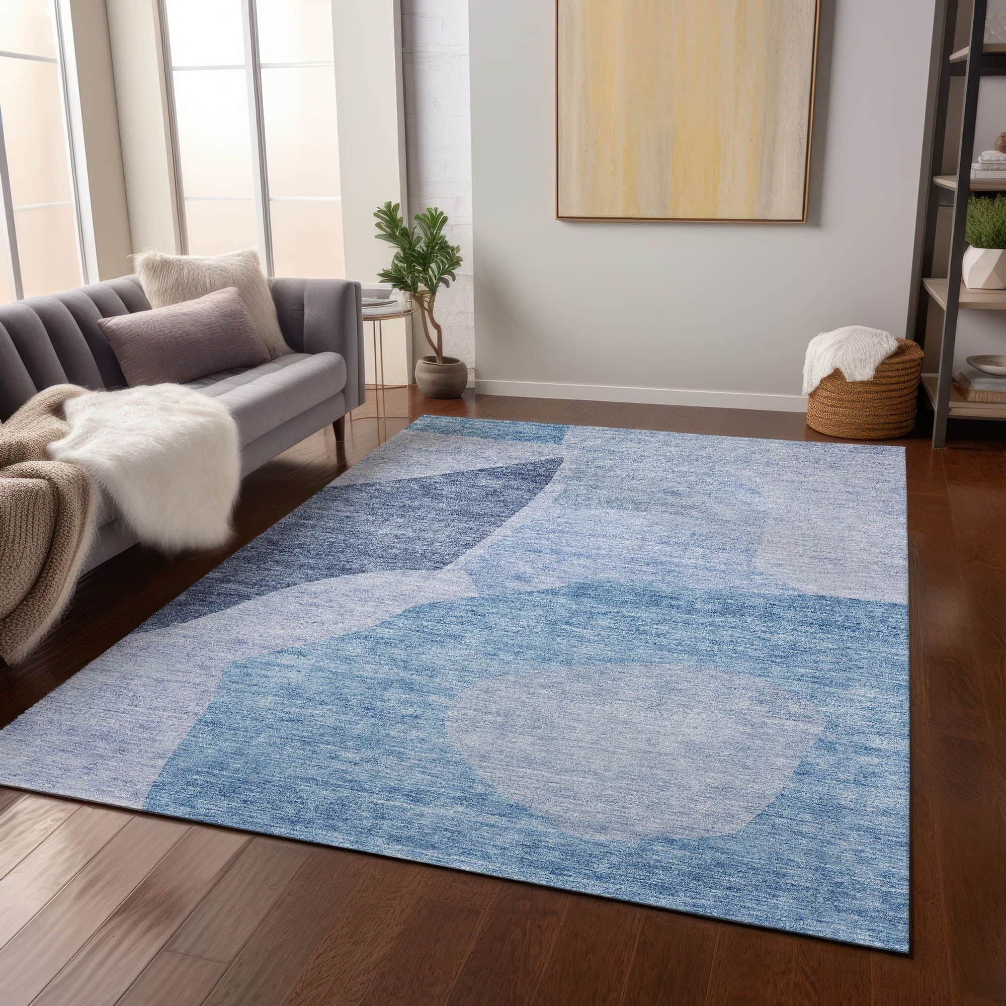 Machine Washable Denim Blue Rug - Indoor / Outdoor - Kids / Pet Friendly Abstract Print Rug