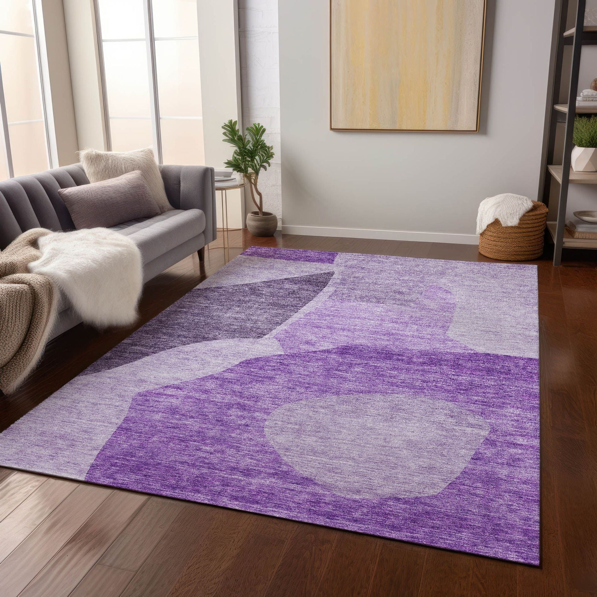 Machine Washable Eggplant Purple Rug - Indoor / Outdoor - Kids / Pet Friendly Abstract Print Rug