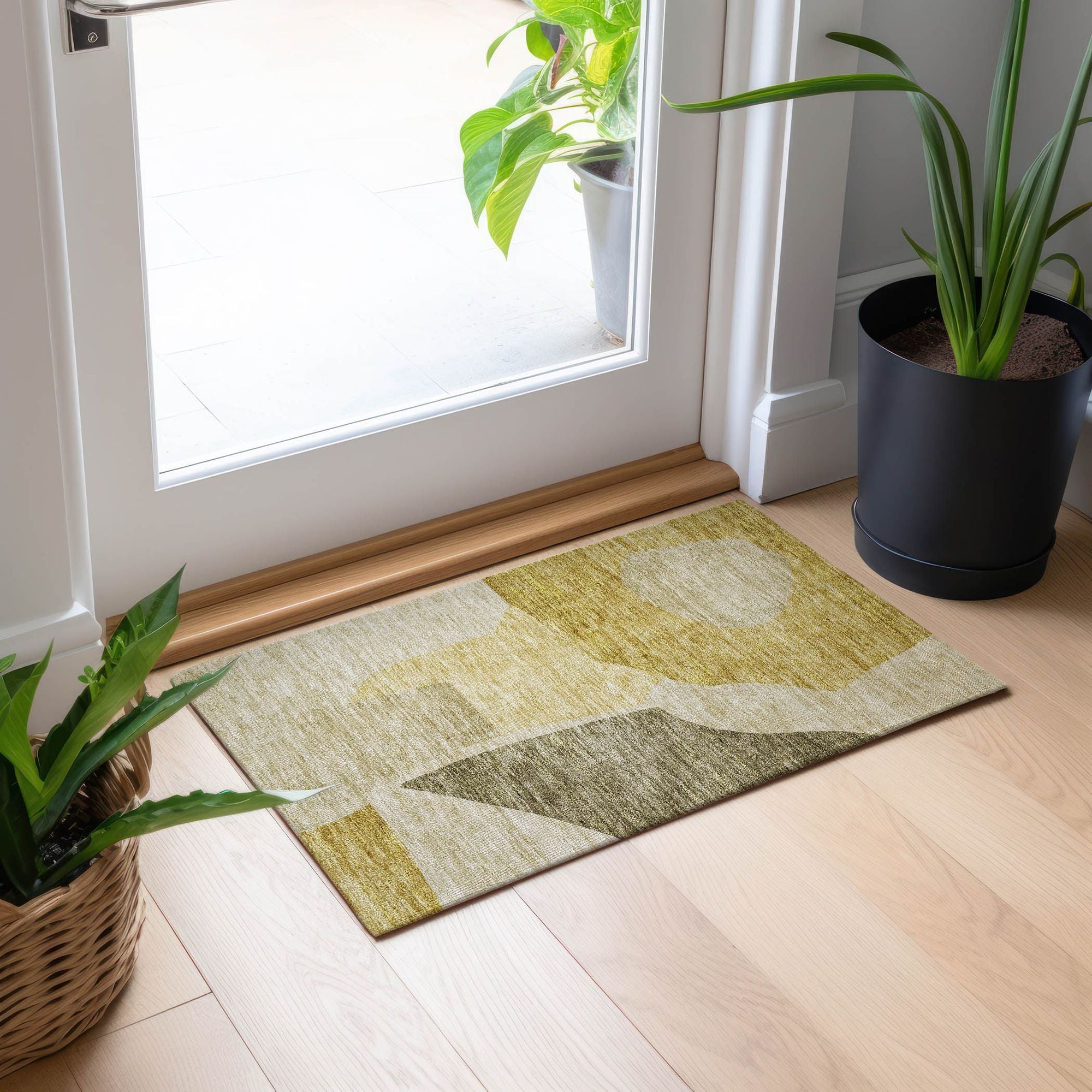Machine Washable Gold Rug - Indoor / Outdoor - Kids / Pet Friendly Abstract Print Rug