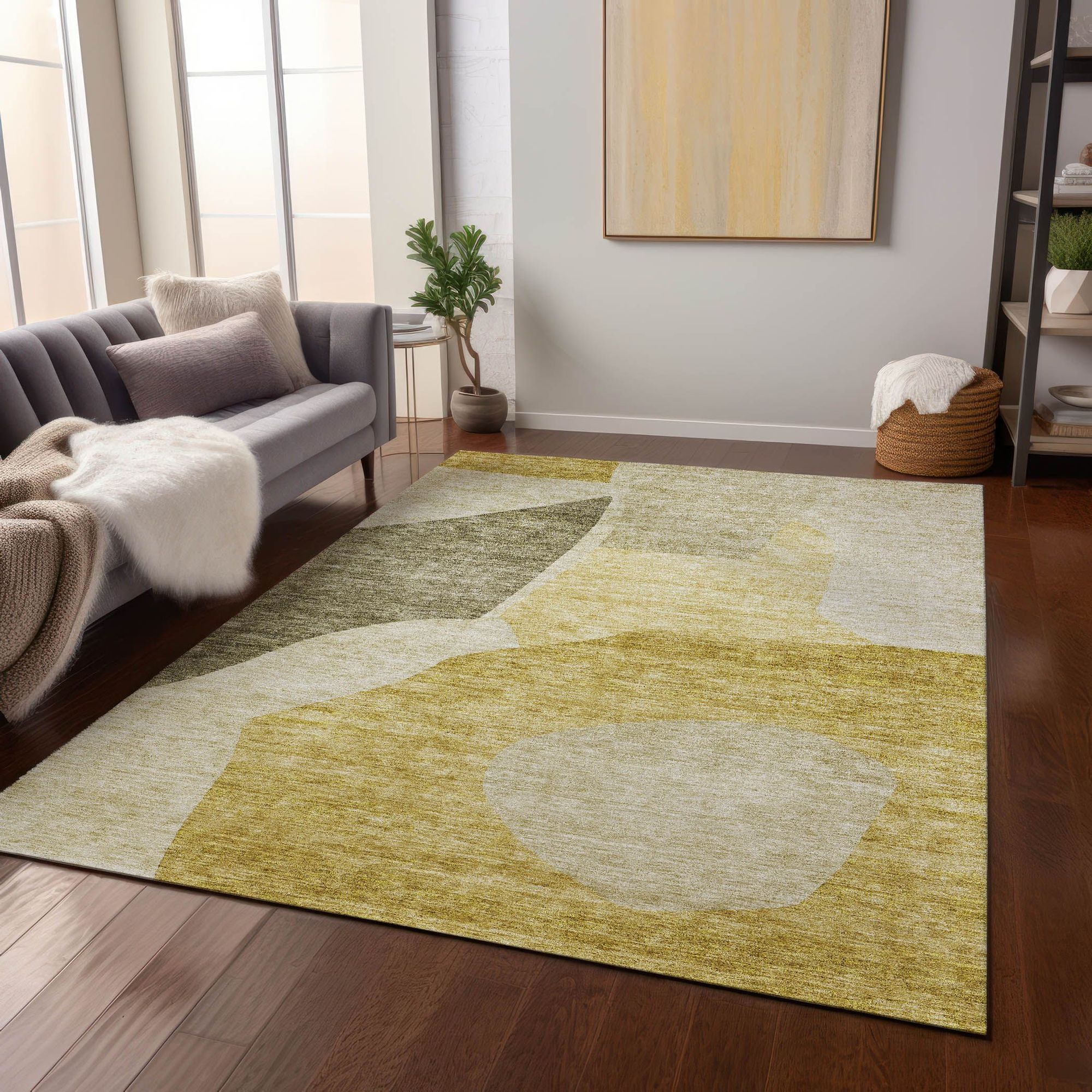 Machine Washable Gold Rug - Indoor / Outdoor - Kids / Pet Friendly Abstract Print Rug