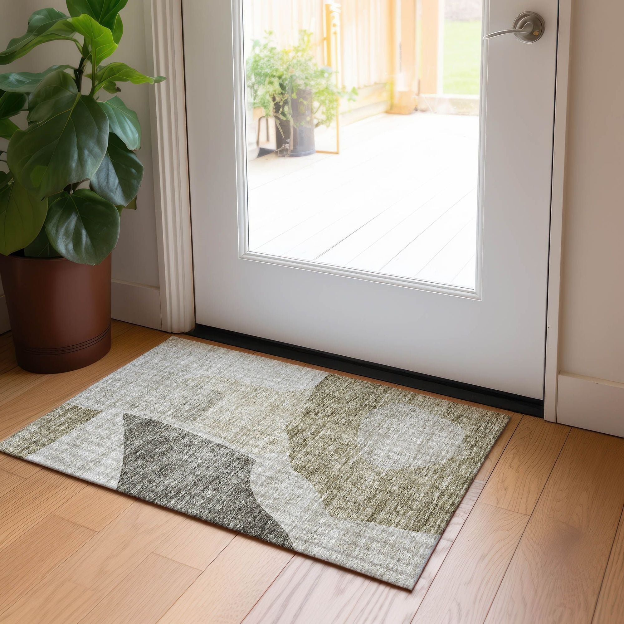 Machine Washable Taupe Brown Rug - Indoor / Outdoor - Kids / Pet Friendly Abstract Print Rug
