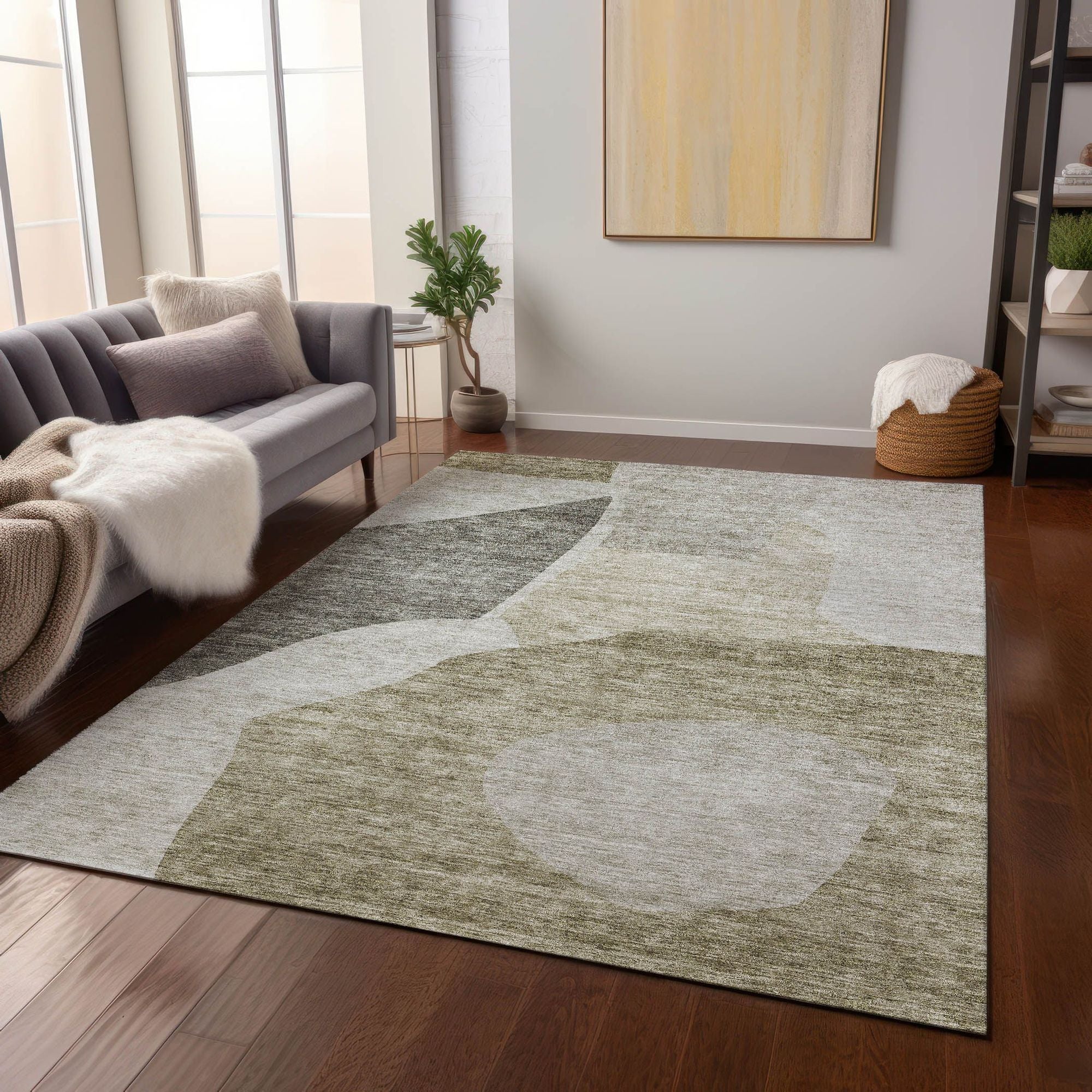 Machine Washable Taupe Brown Rug - Indoor / Outdoor - Kids / Pet Friendly Abstract Print Rug