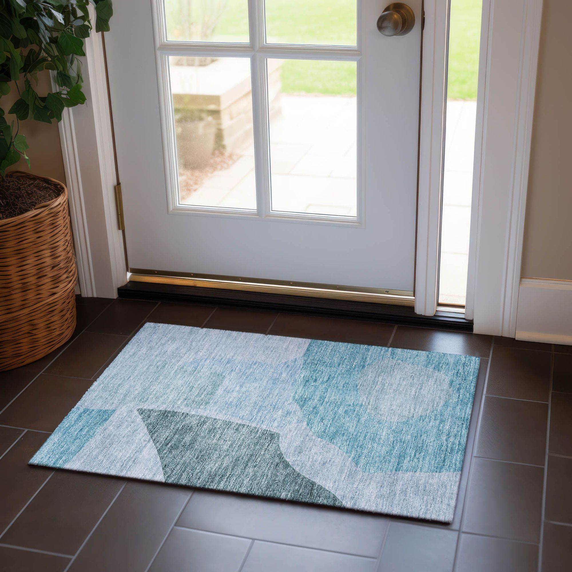Machine Washable Teal Rug - Indoor / Outdoor - Kids / Pet Friendly Abstract Print Rug