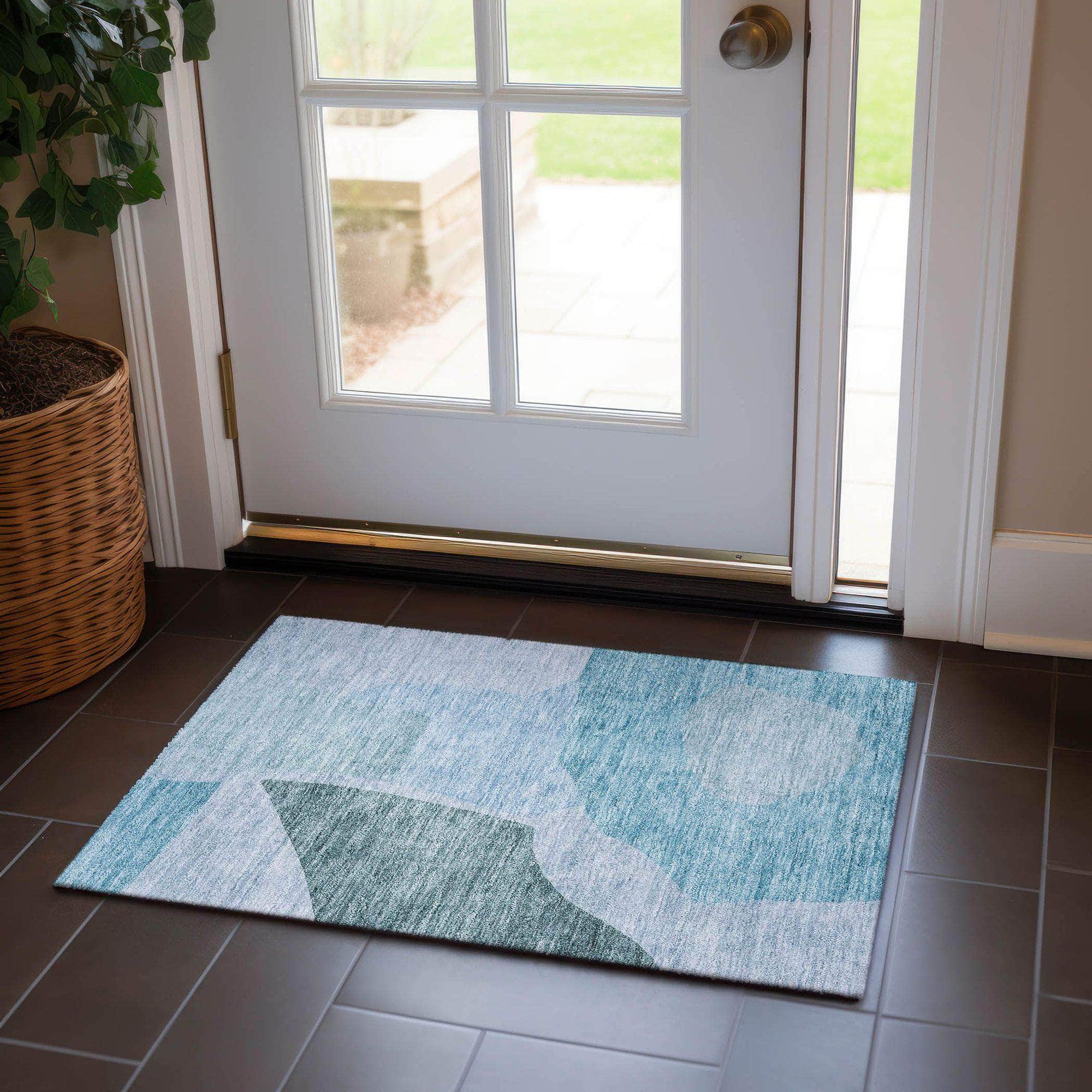 Machine Washable Teal Rug - Indoor / Outdoor - Kids / Pet Friendly Abstract Print Rug