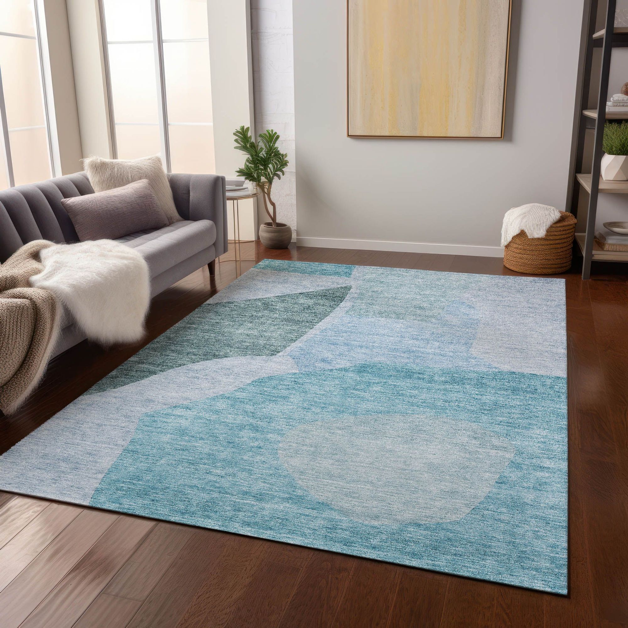 Machine Washable Teal Rug - Indoor / Outdoor - Kids / Pet Friendly Abstract Print Rug