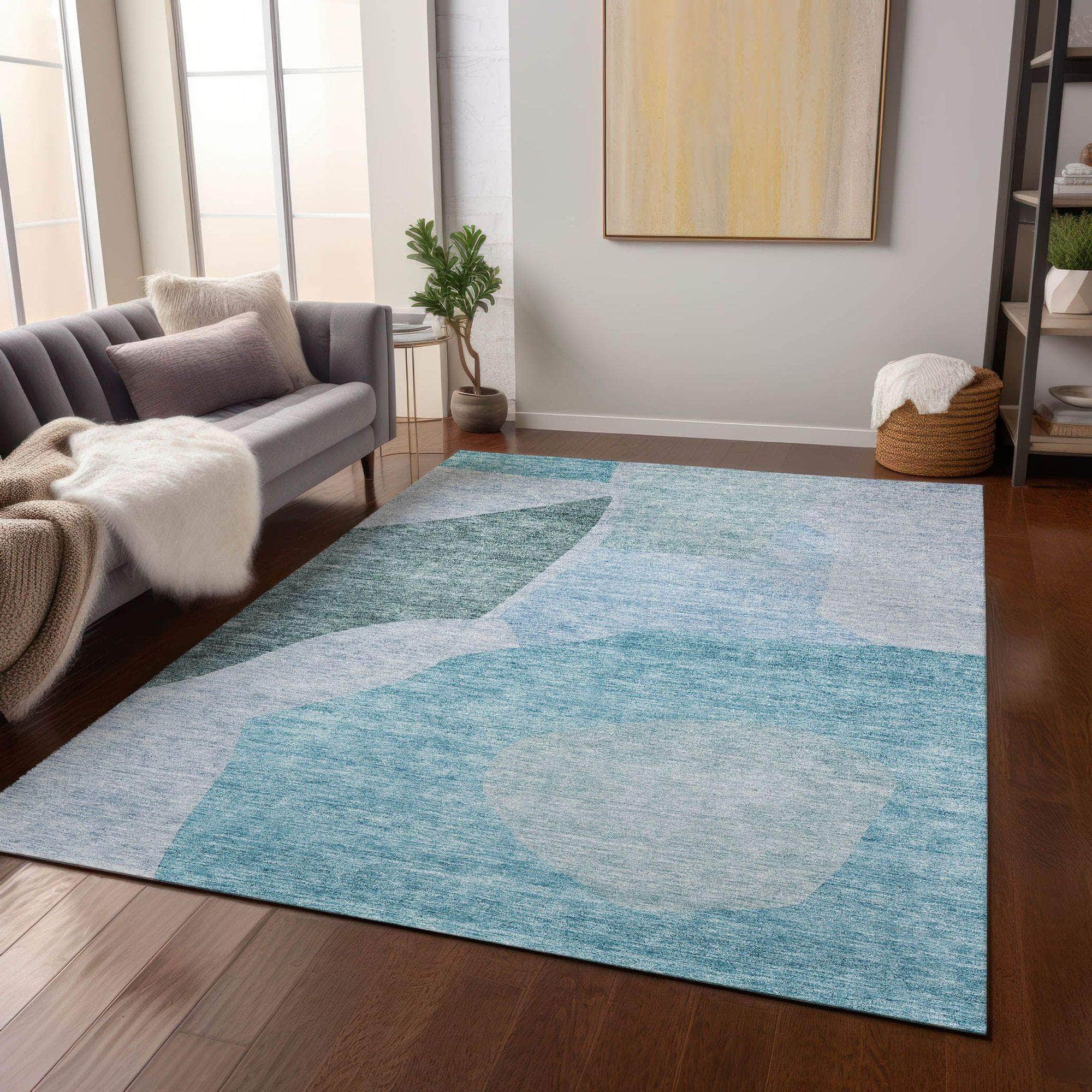 Machine Washable Teal Rug - Indoor / Outdoor - Kids / Pet Friendly Abstract Print Rug
