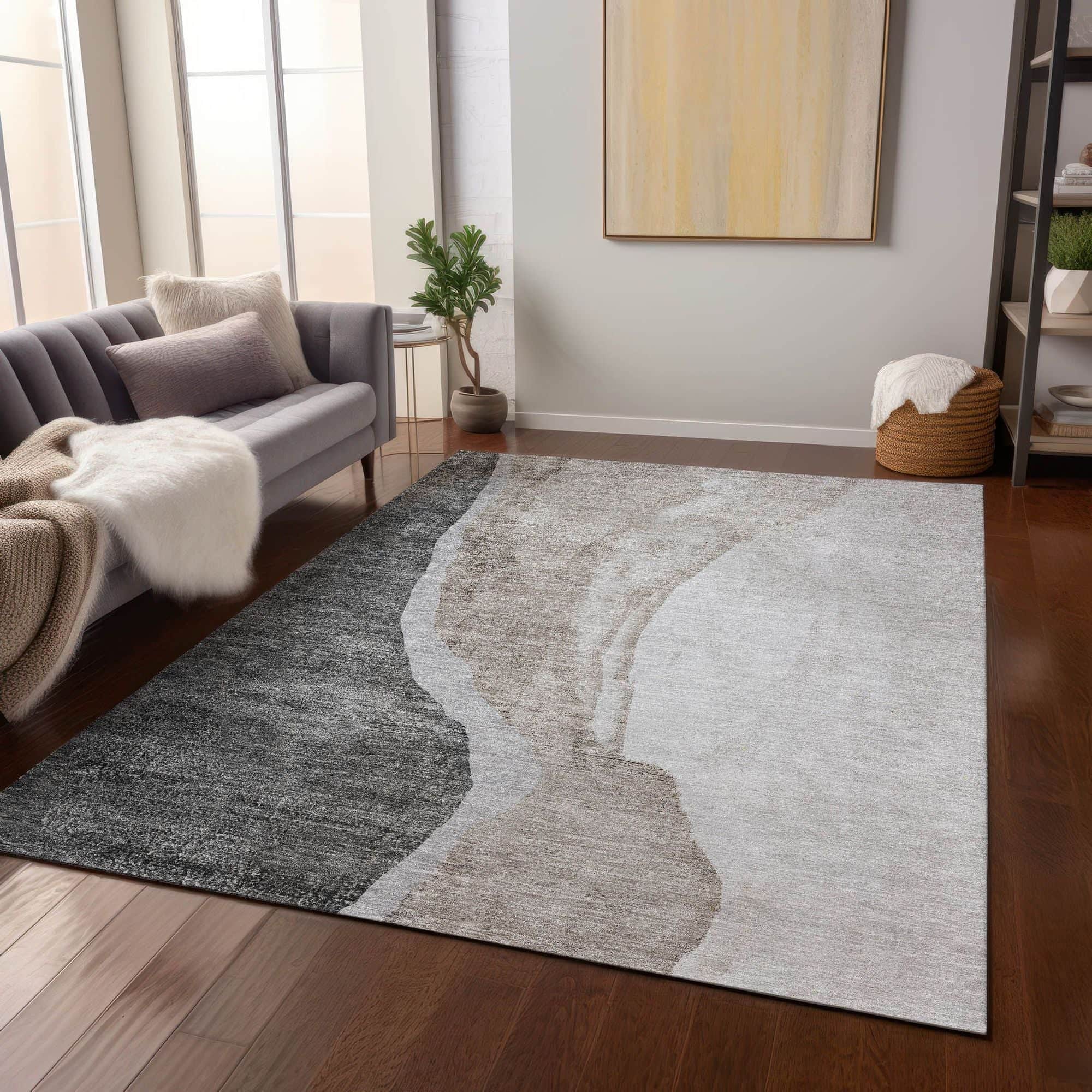 Machine Washable Charcoal Gray Rug - Indoor / Outdoor - Kids / Pet Friendly Abstract Print Rug