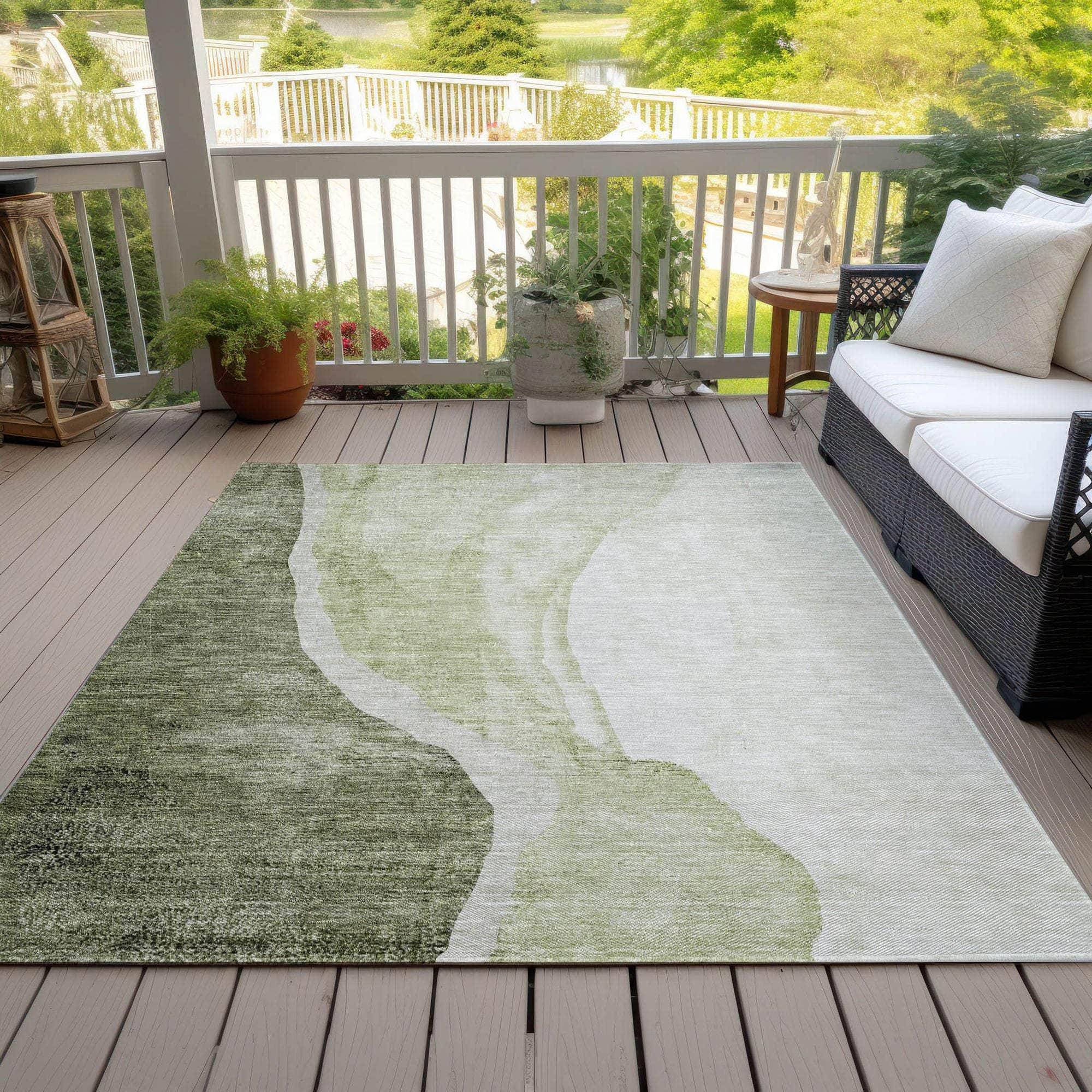 Machine Washable Olive Green Rug - Indoor / Outdoor - Kids / Pet Friendly Abstract Print Rug