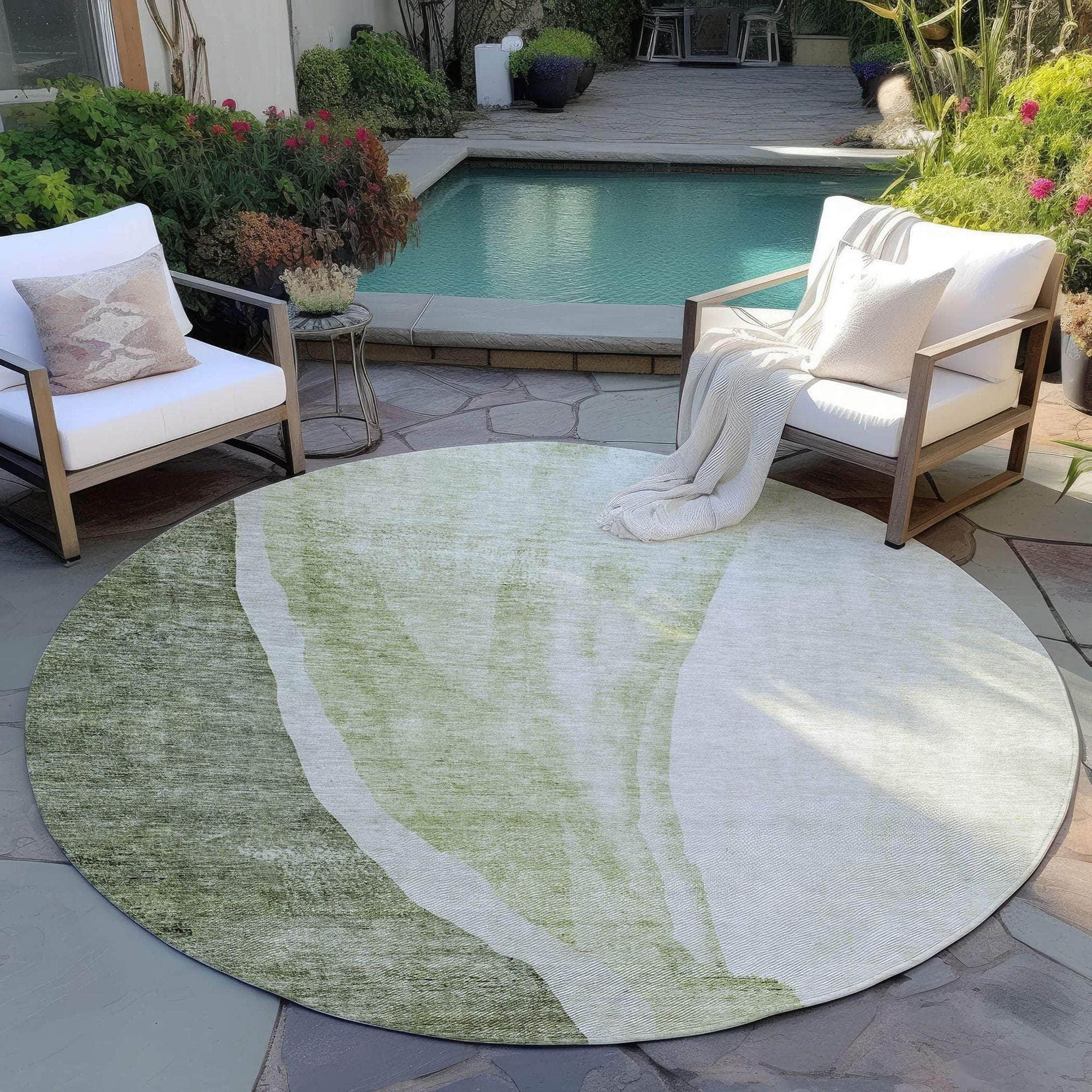 Machine Washable Olive Green Rug - Indoor / Outdoor - Kids / Pet Friendly Abstract Print Rug