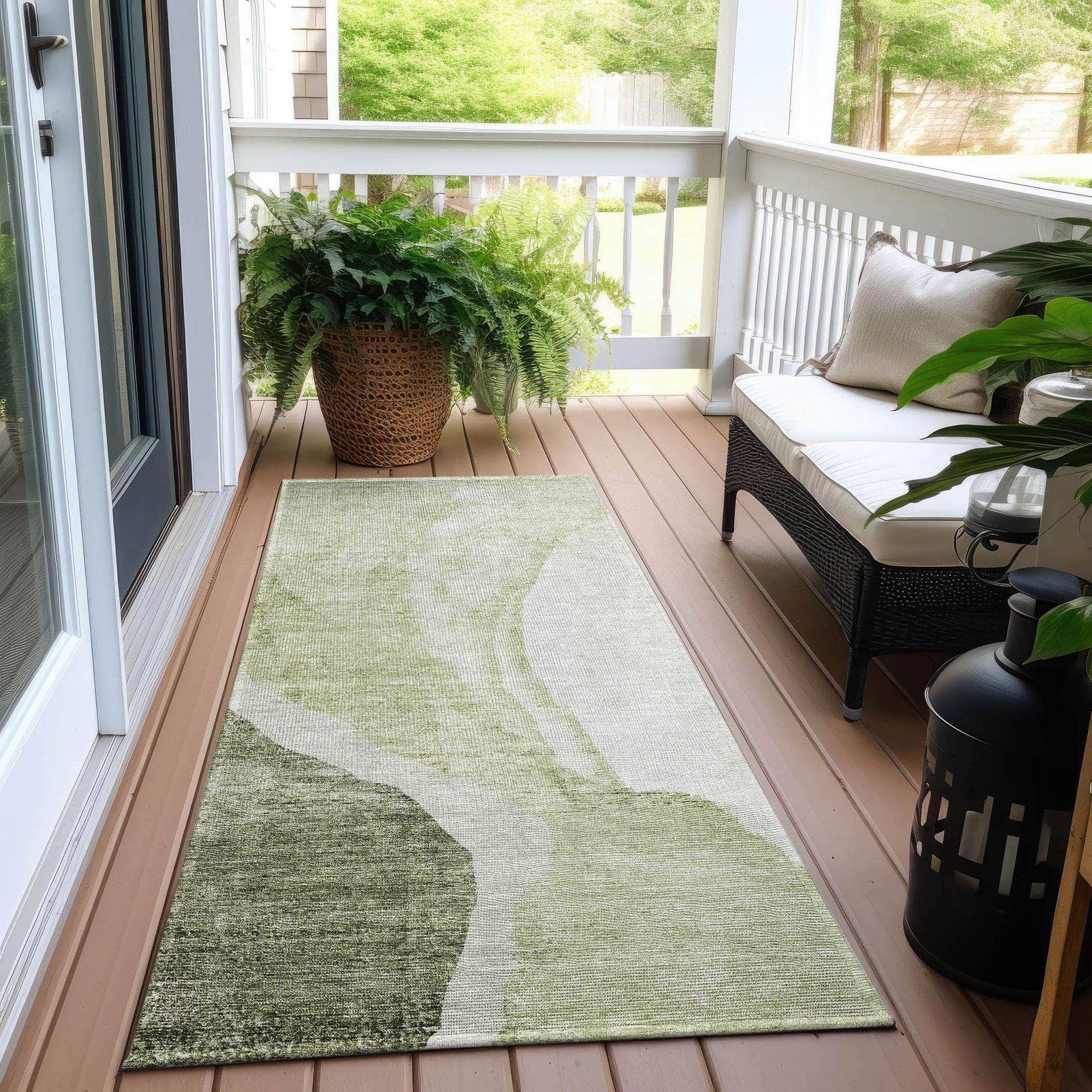 Machine Washable Olive Green Rug - Indoor / Outdoor - Kids / Pet Friendly Abstract Print Rug