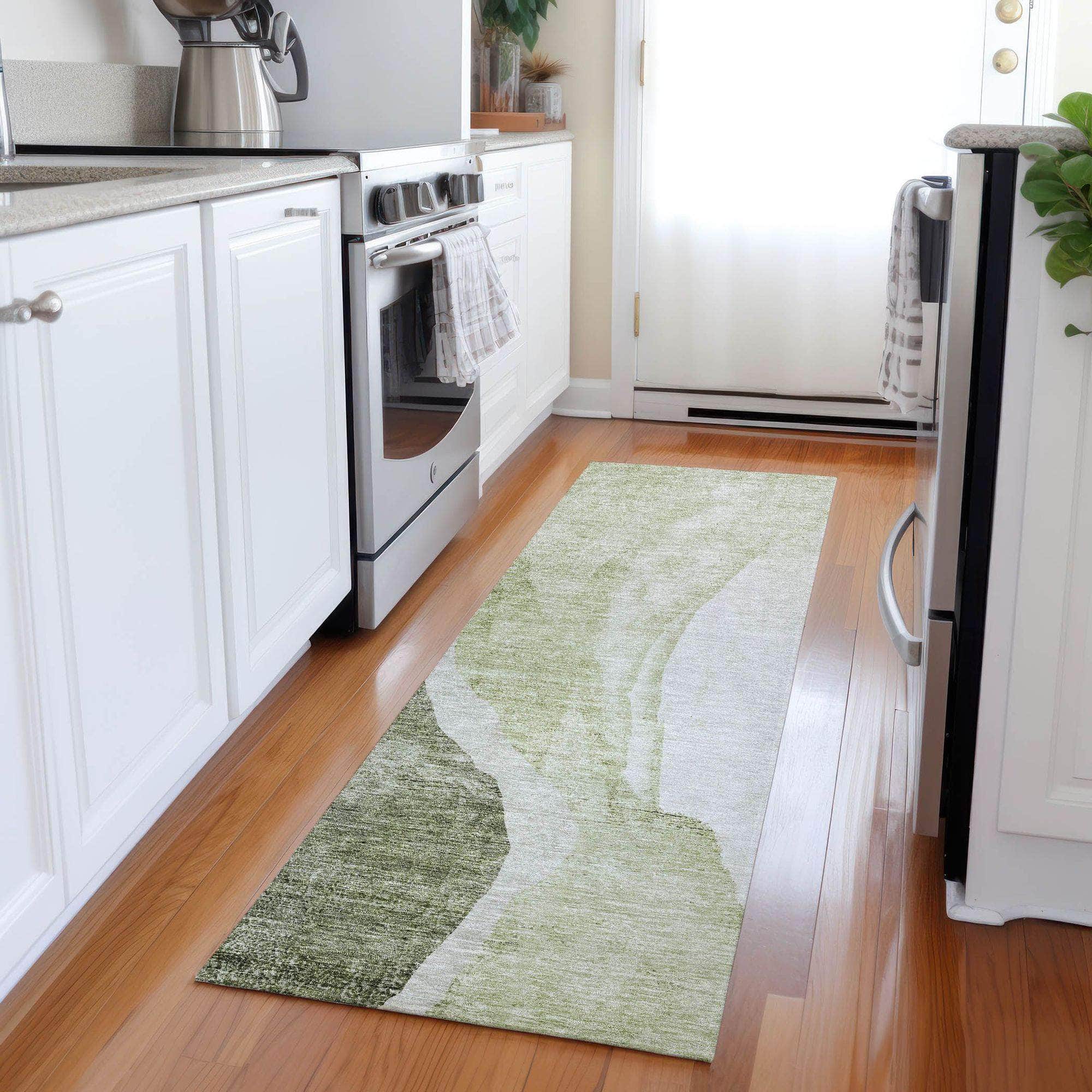 Machine Washable Olive Green Rug - Indoor / Outdoor - Kids / Pet Friendly Abstract Print Rug