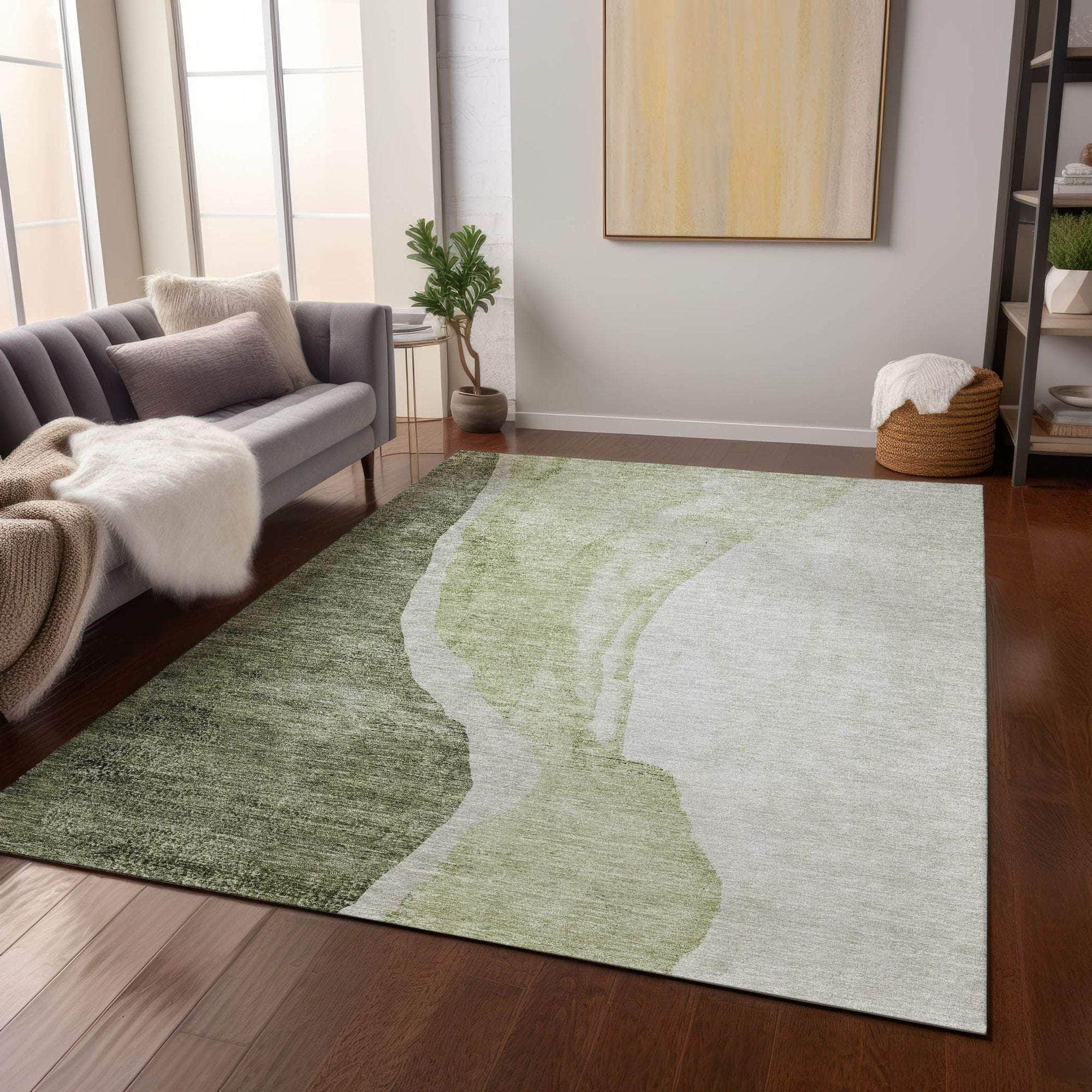 Machine Washable Olive Green Rug - Indoor / Outdoor - Kids / Pet Friendly Abstract Print Rug