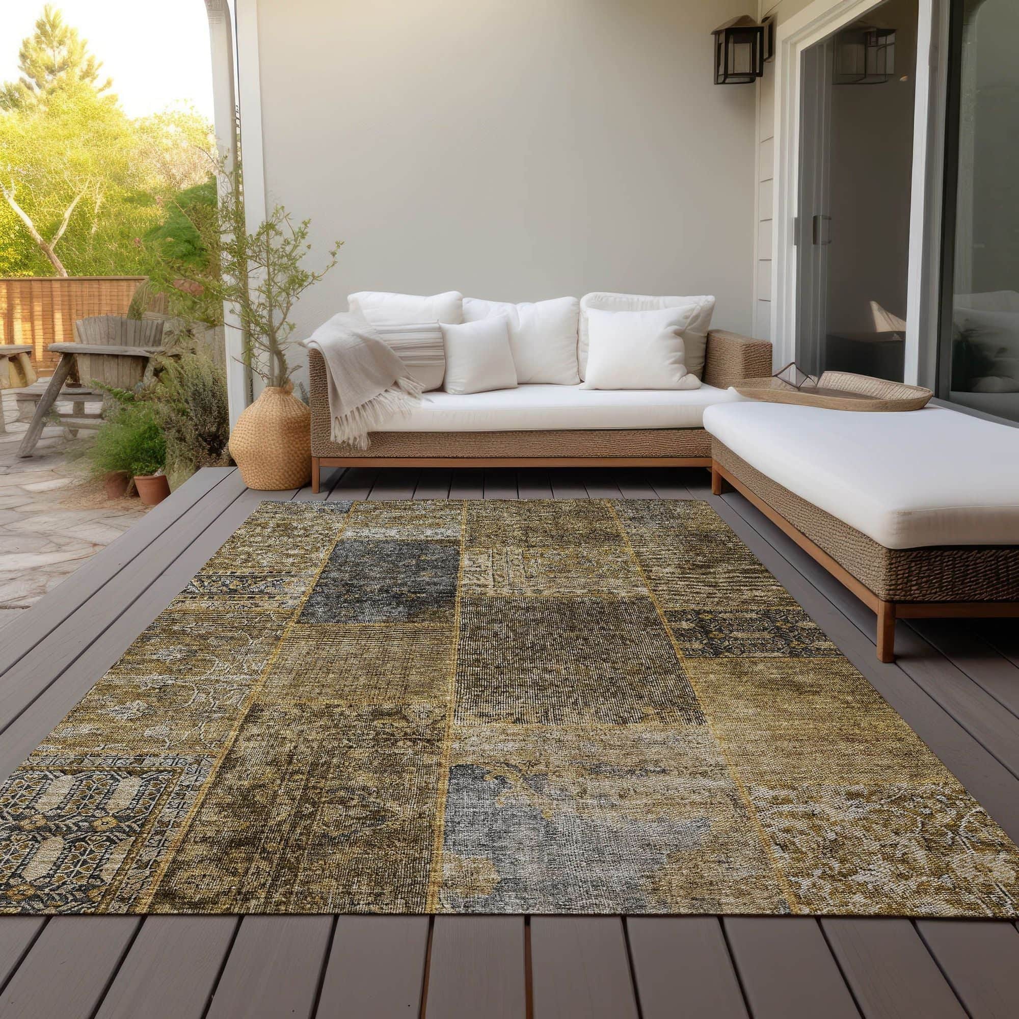 Machine Washable Brown Rug - Indoor / Outdoor - Kids / Pet Friendly Patchwork Print Rug