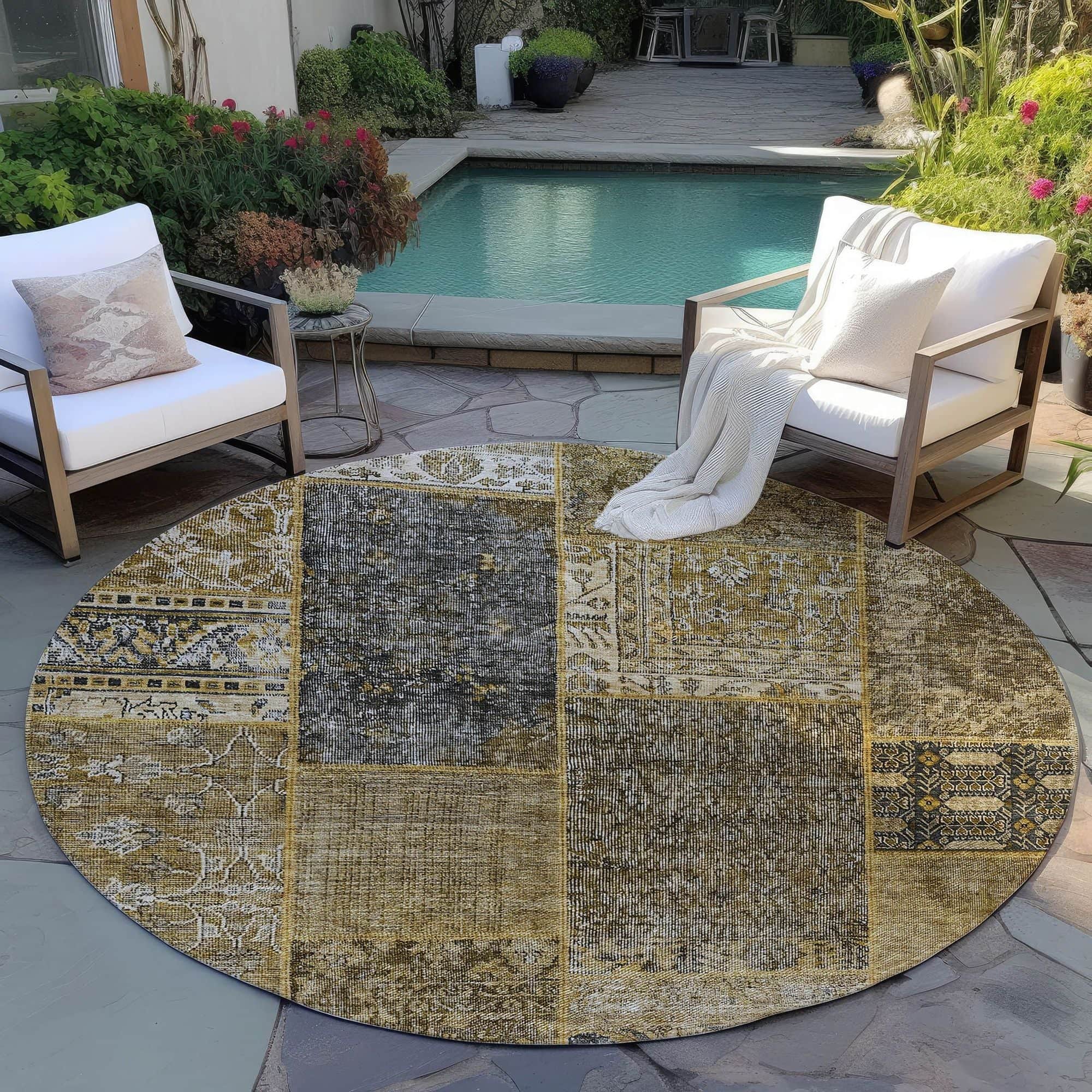 Machine Washable Brown Rug - Indoor / Outdoor - Kids / Pet Friendly Patchwork Print Rug