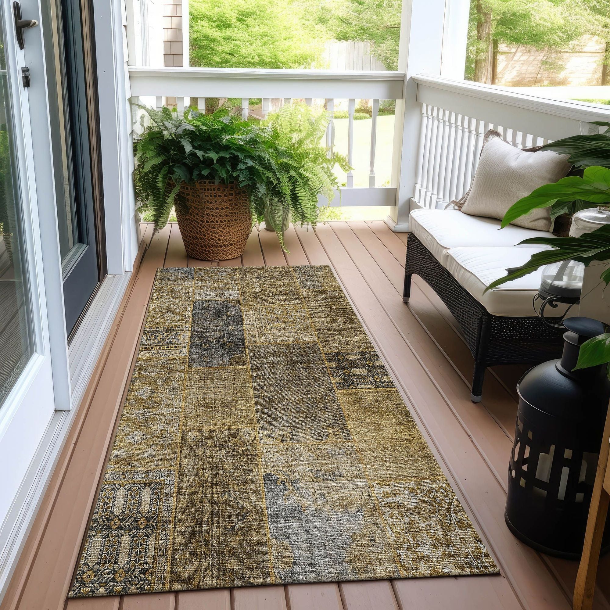 Machine Washable Brown Rug - Indoor / Outdoor - Kids / Pet Friendly Patchwork Print Rug