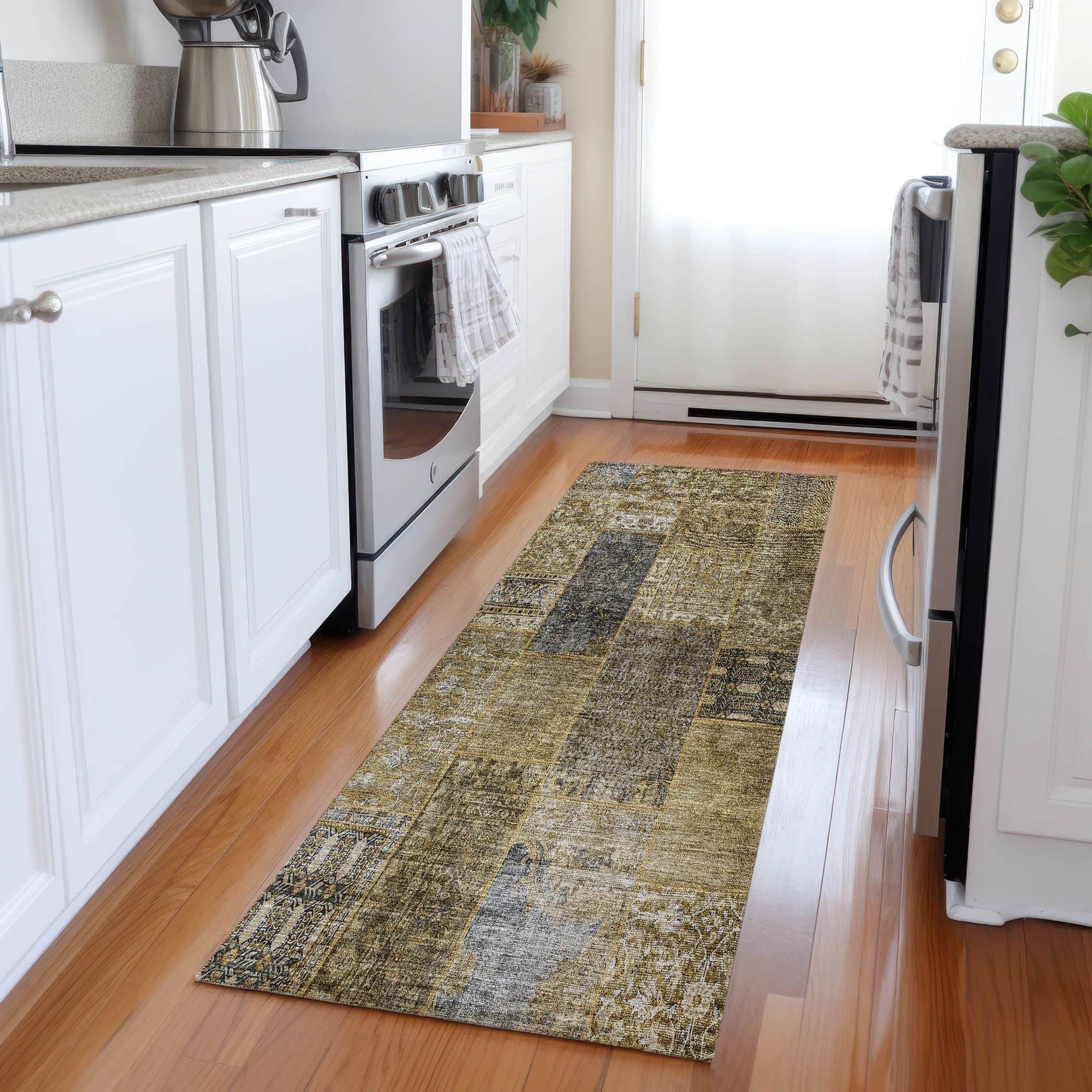 Machine Washable Brown Rug - Indoor / Outdoor - Kids / Pet Friendly Patchwork Print Rug