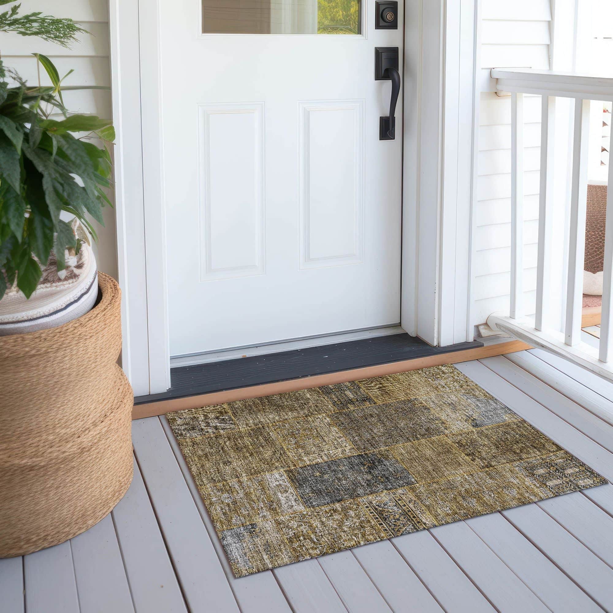 Machine Washable Brown Rug - Indoor / Outdoor - Kids / Pet Friendly Patchwork Print Rug