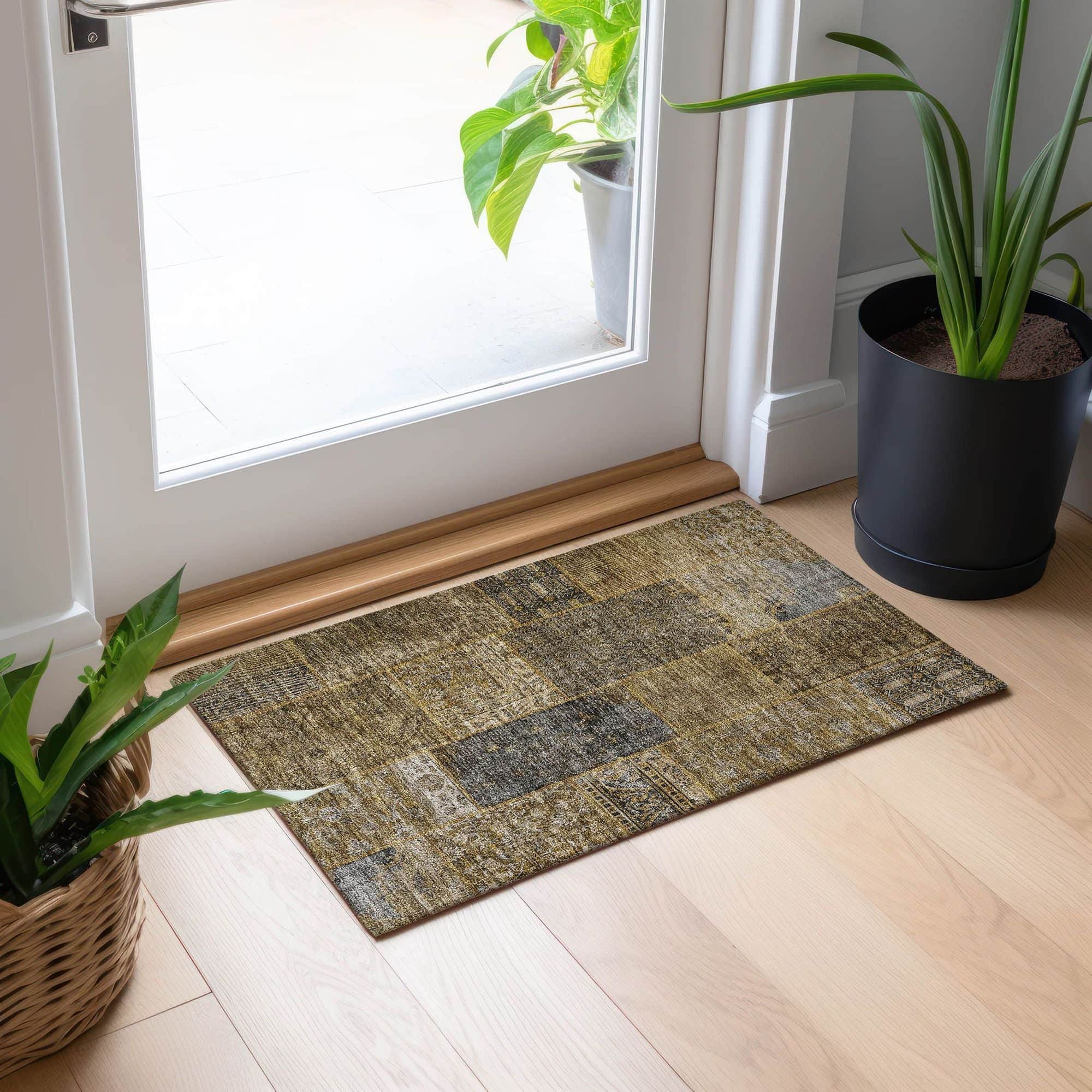 Machine Washable Brown Rug - Indoor / Outdoor - Kids / Pet Friendly Patchwork Print Rug