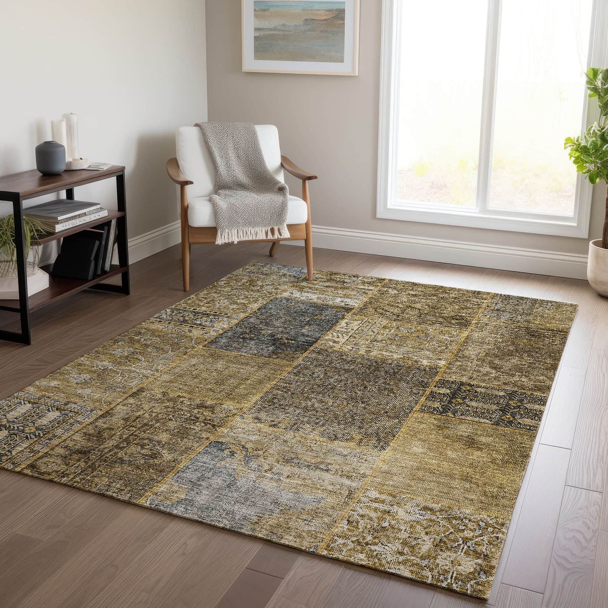 Machine Washable Brown Rug - Indoor / Outdoor - Kids / Pet Friendly Patchwork Print Rug