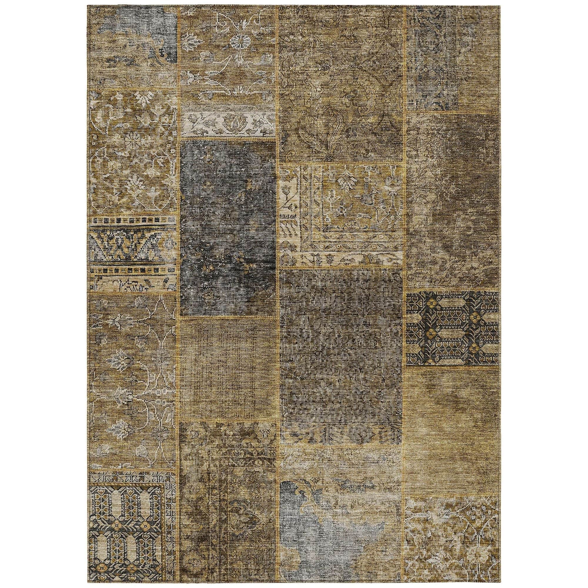 Machine Washable Brown Rug - Indoor / Outdoor - Kids / Pet Friendly Patchwork Print Rug