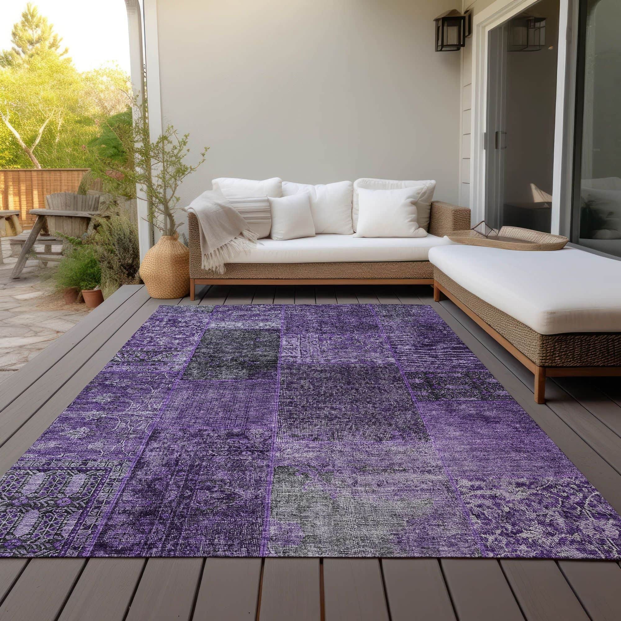 Machine Washable Eggplant Purple Rug - Indoor / Outdoor - Kids / Pet Friendly Patchwork Print Rug