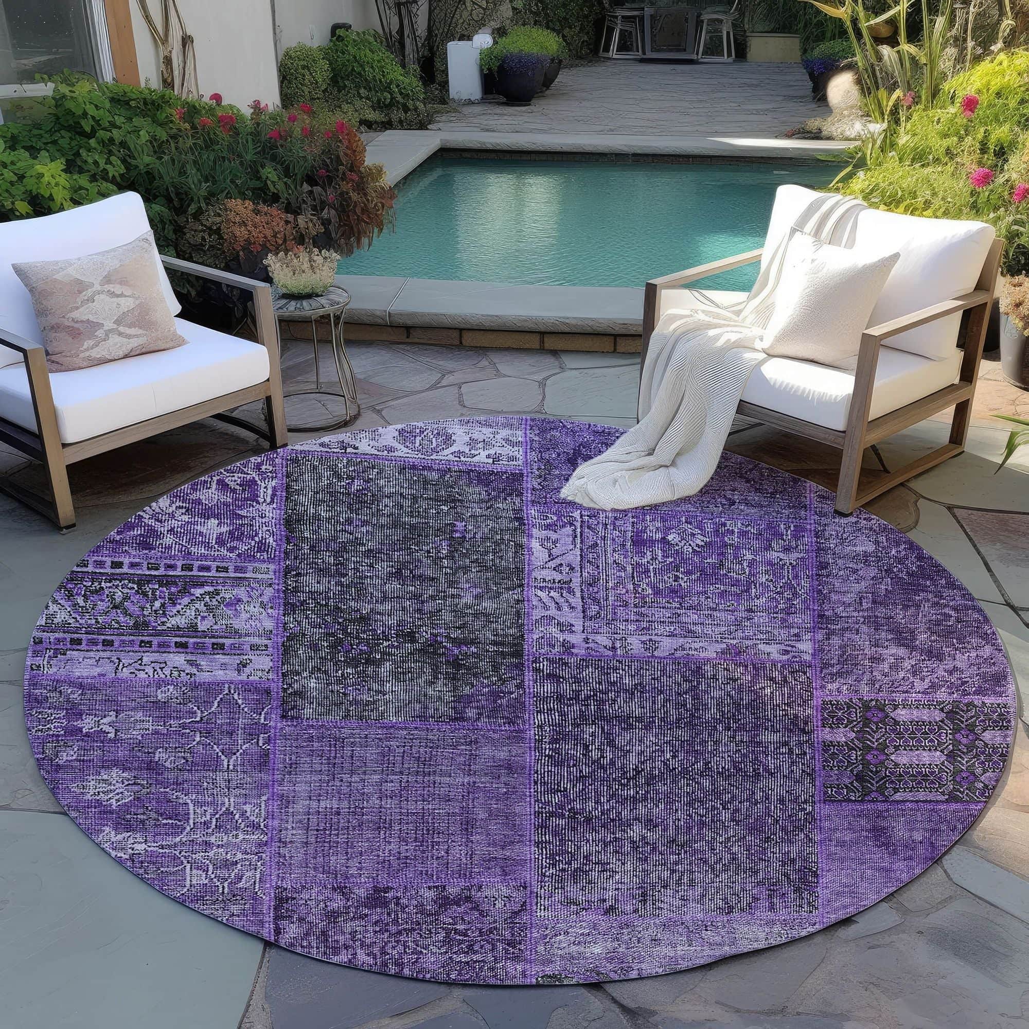 Machine Washable Eggplant Purple Rug - Indoor / Outdoor - Kids / Pet Friendly Patchwork Print Rug