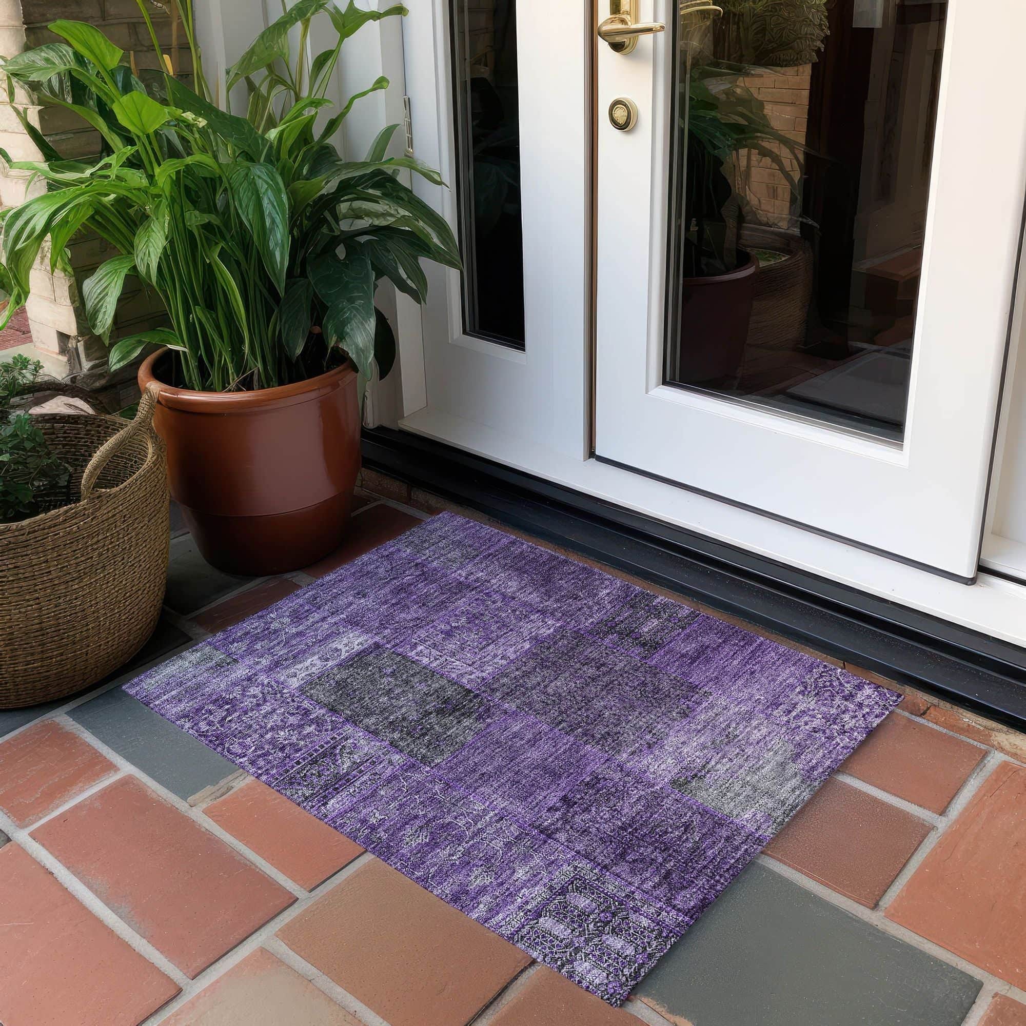 Machine Washable Eggplant Purple Rug - Indoor / Outdoor - Kids / Pet Friendly Patchwork Print Rug