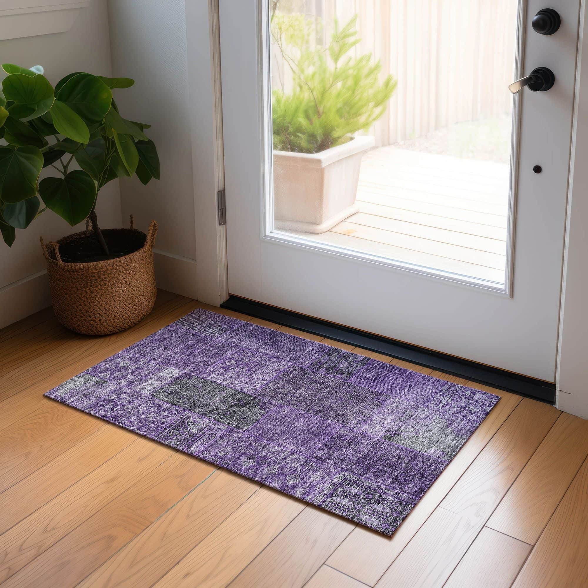 Machine Washable Eggplant Purple Rug - Indoor / Outdoor - Kids / Pet Friendly Patchwork Print Rug