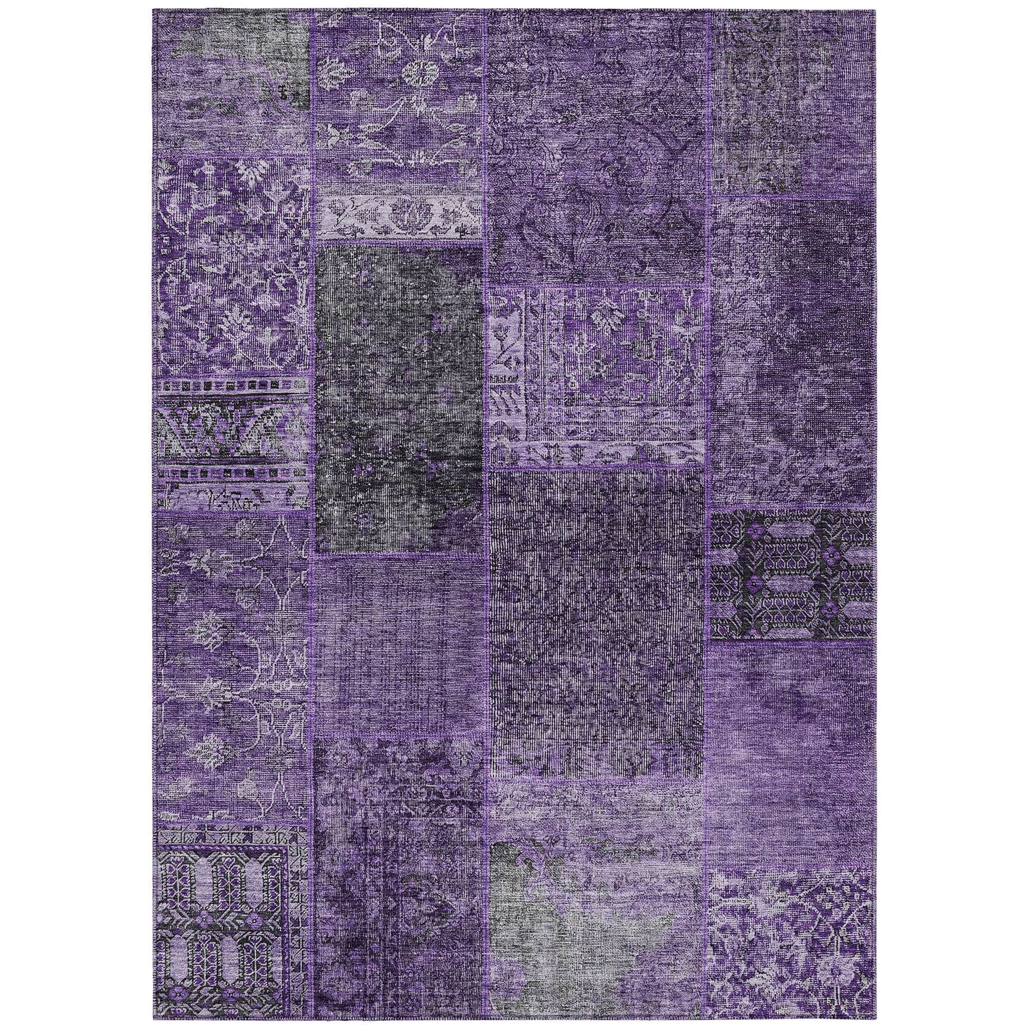 Machine Washable Eggplant Purple Rug - Indoor / Outdoor - Kids / Pet Friendly Patchwork Print Rug