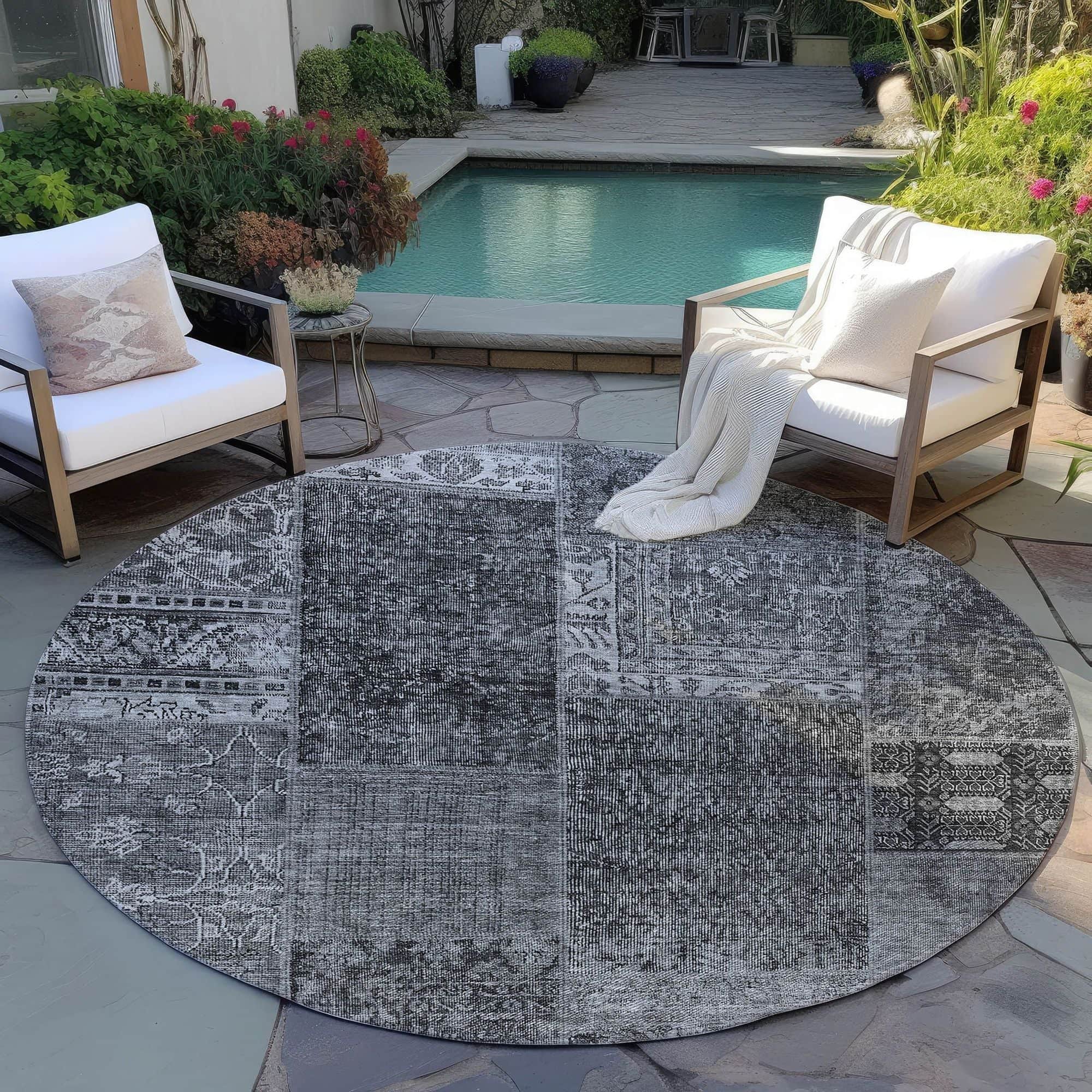 Machine Washable Gray Rug - Indoor / Outdoor - Kids / Pet Friendly Patchwork Print Rug