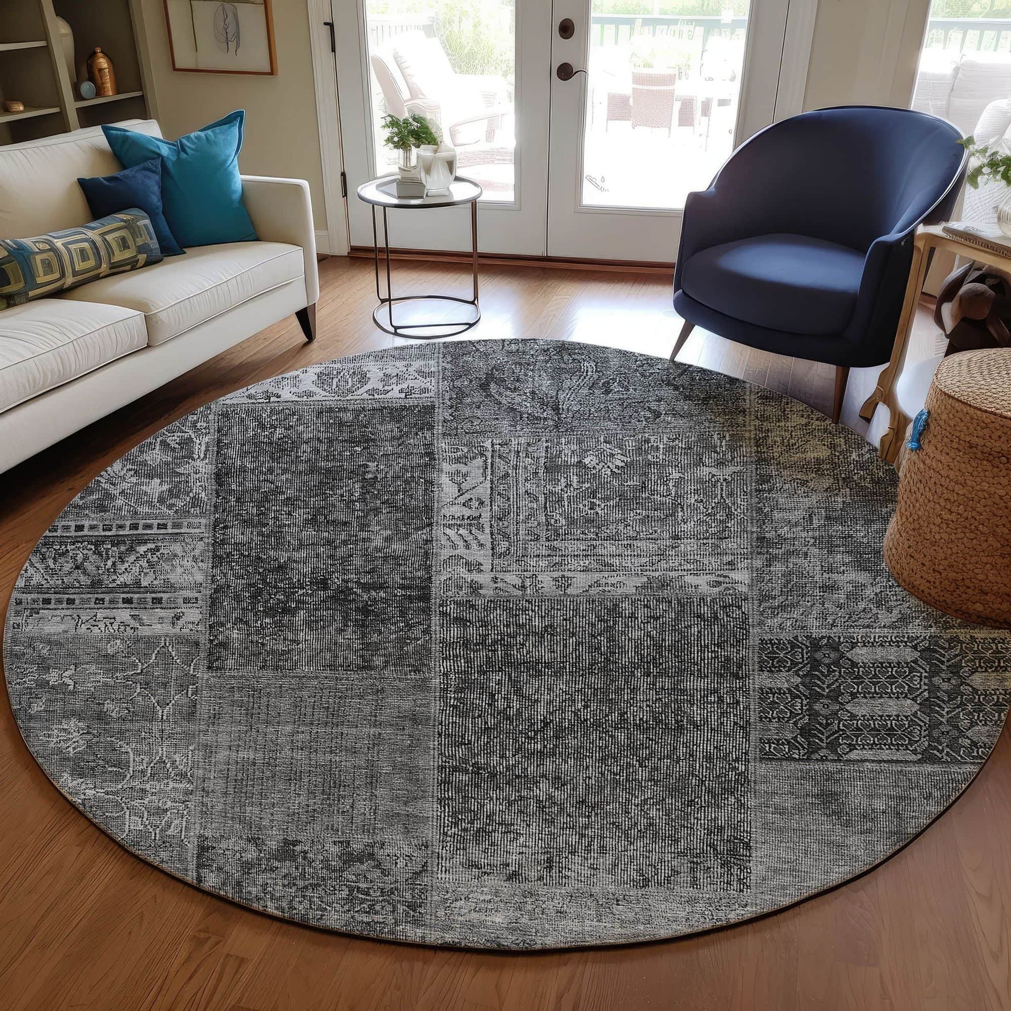 Machine Washable Gray Rug - Indoor / Outdoor - Kids / Pet Friendly Patchwork Print Rug