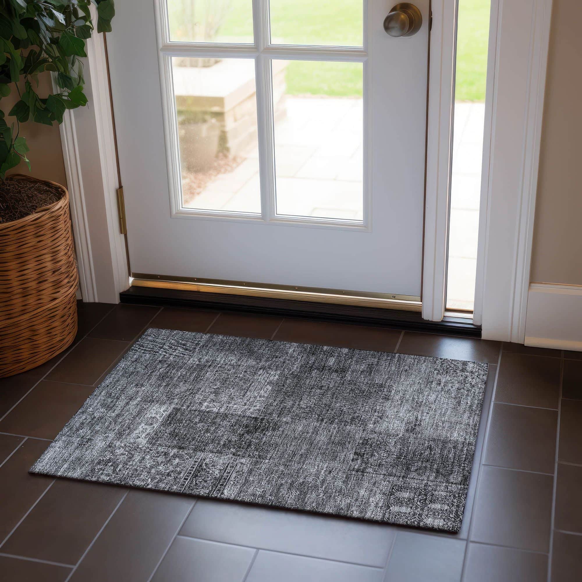 Machine Washable Gray Rug - Indoor / Outdoor - Kids / Pet Friendly Patchwork Print Rug