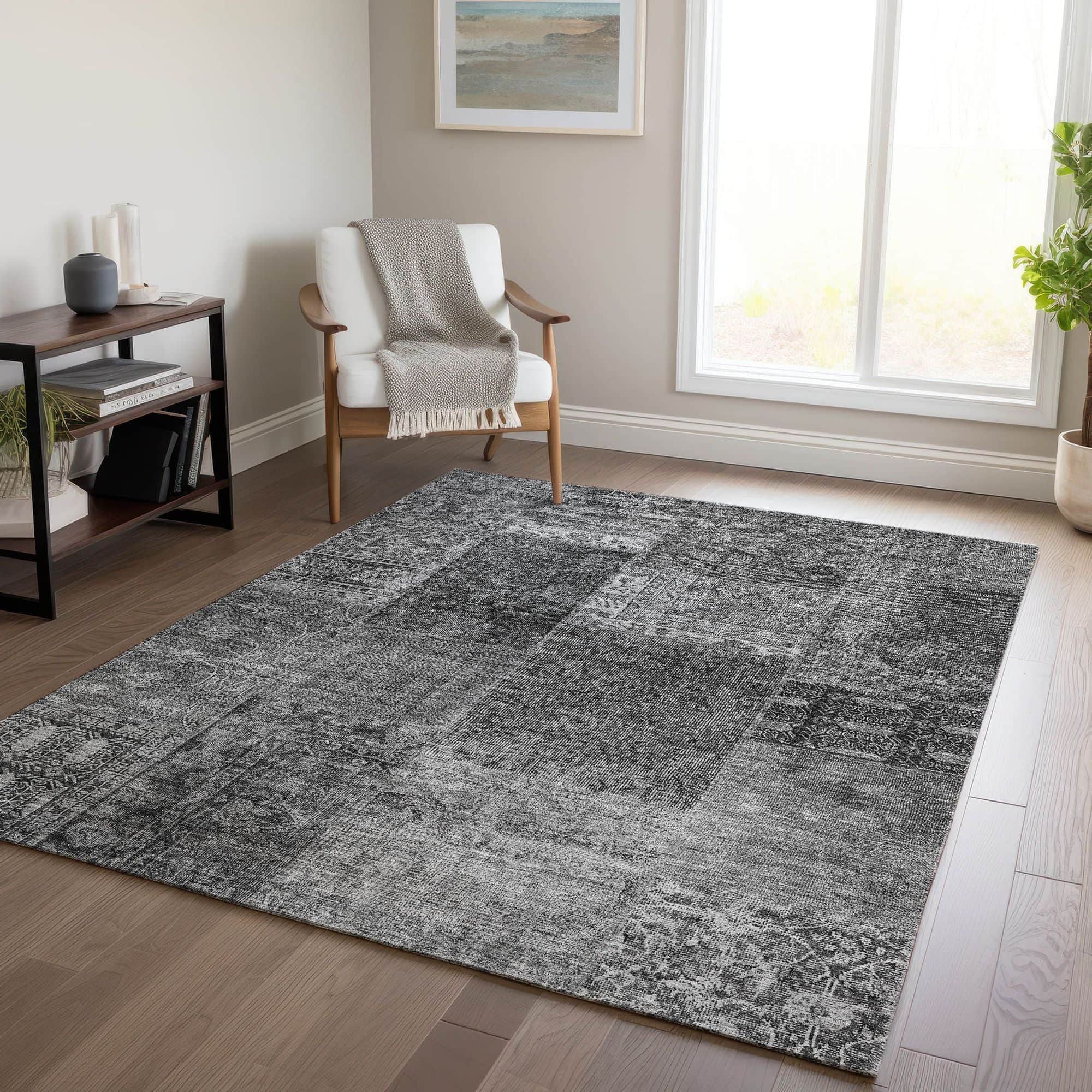 Machine Washable Gray Rug - Indoor / Outdoor - Kids / Pet Friendly Patchwork Print Rug