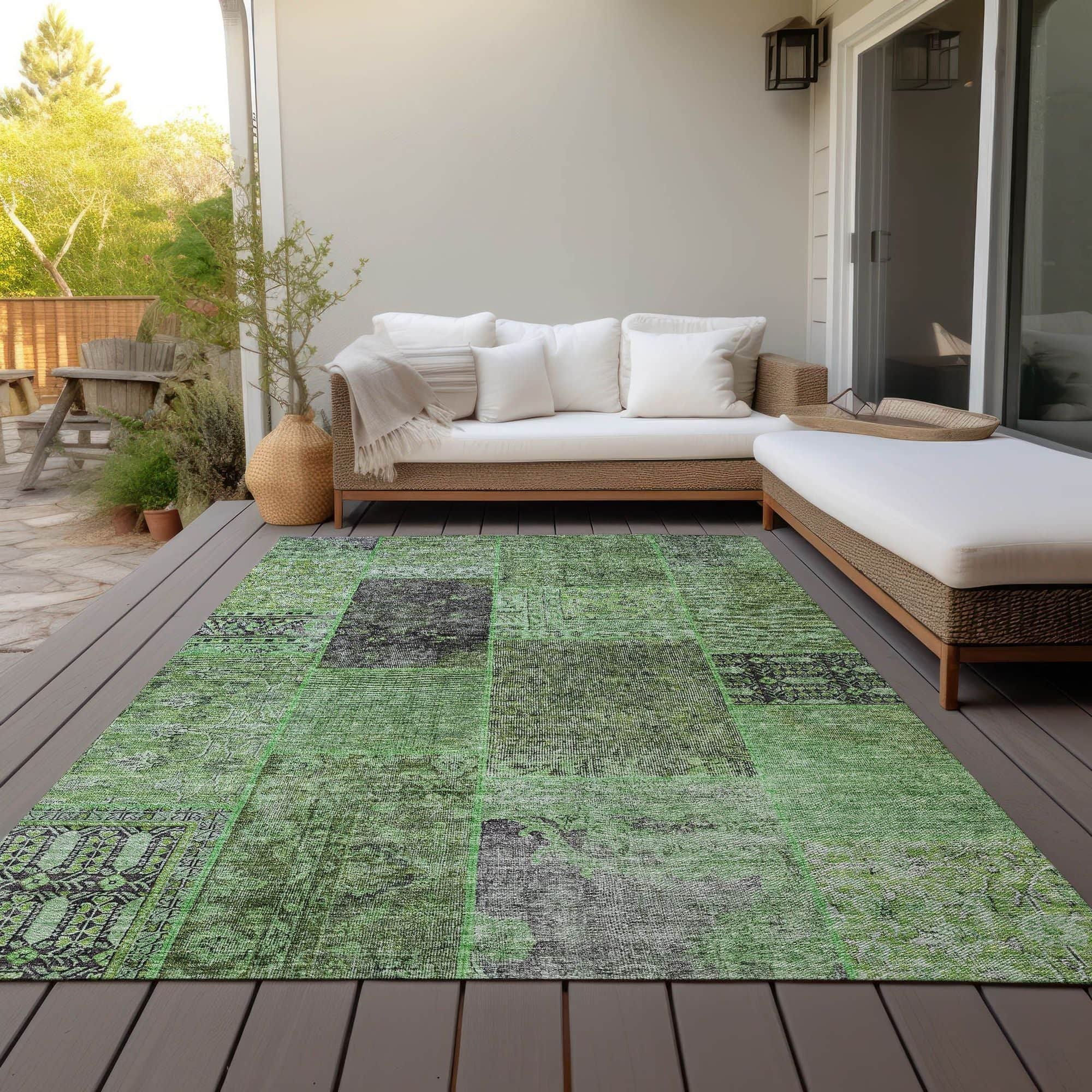 Machine Washable Green Rug - Indoor / Outdoor - Kids / Pet Friendly Patchwork Print Rug