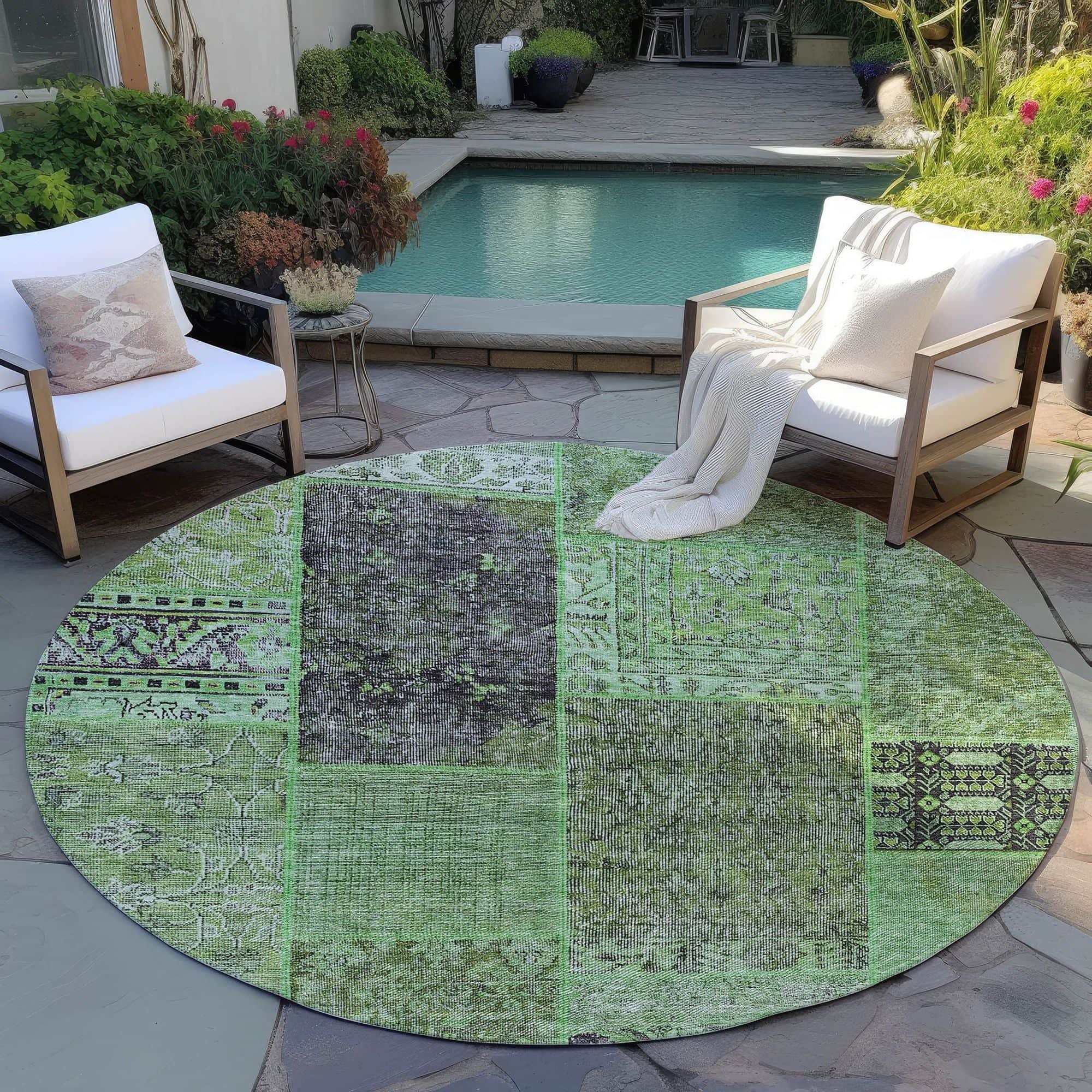 Machine Washable Green Rug - Indoor / Outdoor - Kids / Pet Friendly Patchwork Print Rug