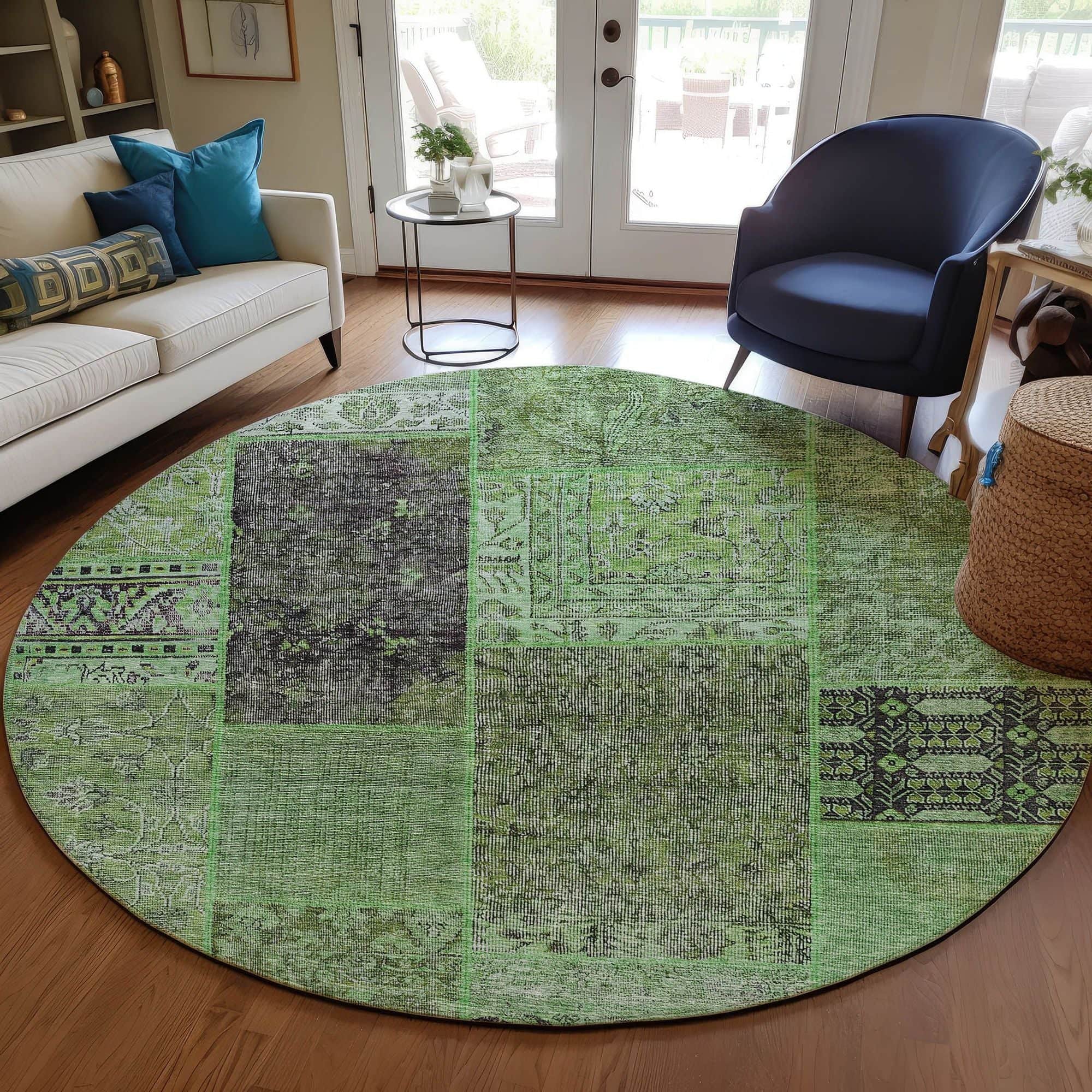 Machine Washable Green Rug - Indoor / Outdoor - Kids / Pet Friendly Patchwork Print Rug